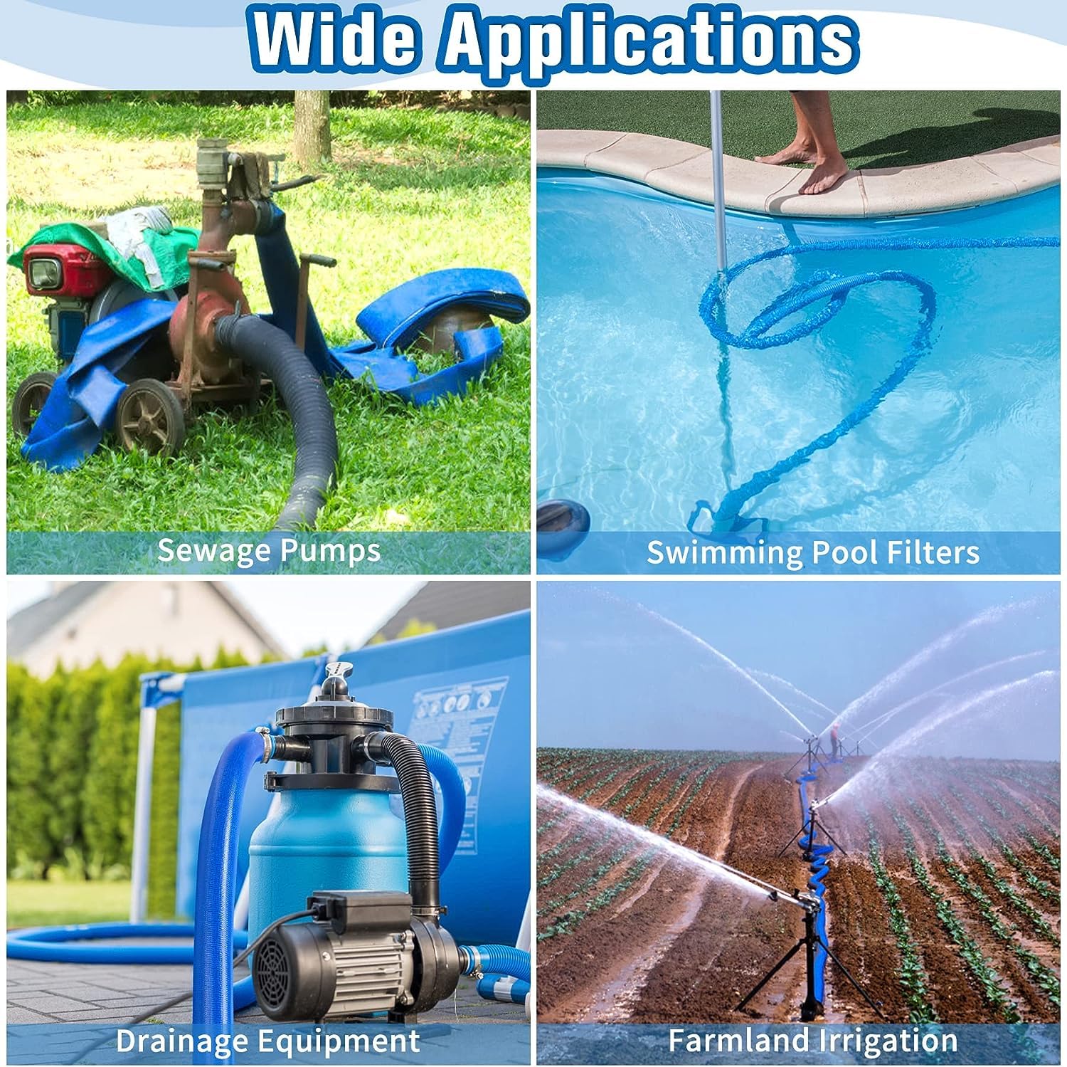 MYFAMIREA hose discharging pool water into yard illustrating fast, high-volume transfer