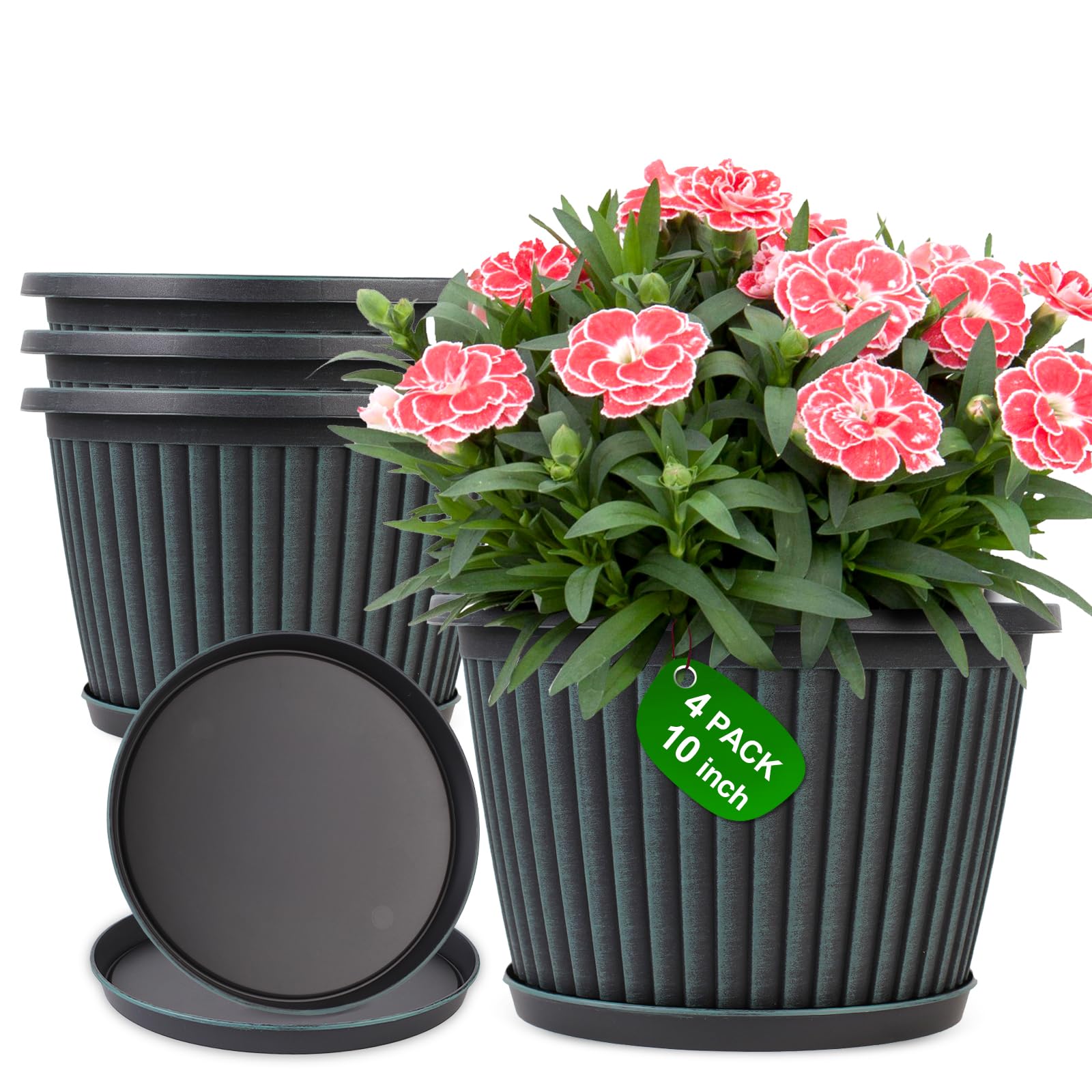 Myfeegoin front view of four 10-inch planter pots showing modern ribbed finish and color variety, stylish display benefit