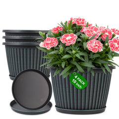 Myfeegoin front view of four 10-inch planter pots showing modern ribbed finish and color variety, stylish display benefit