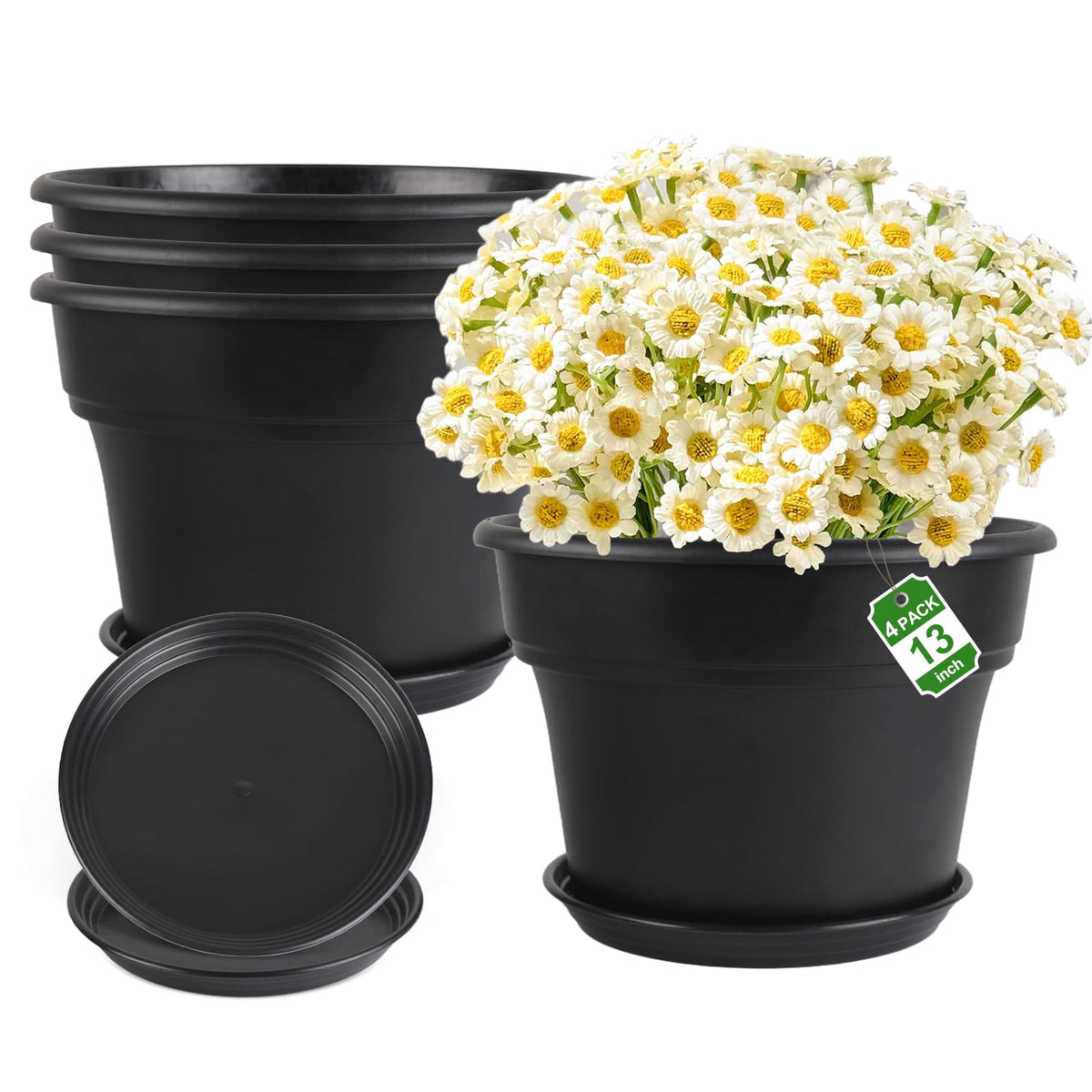 Myfeegoin front view of four 13-inch planters showing capacity and clean design for easy styling