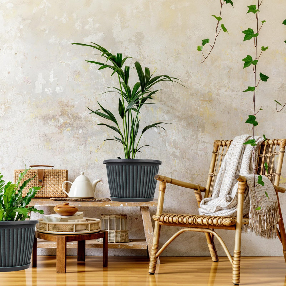 Myfeegoin pots styled on a living room shelf with plants showing decorative appeal and indoor greenery benefit