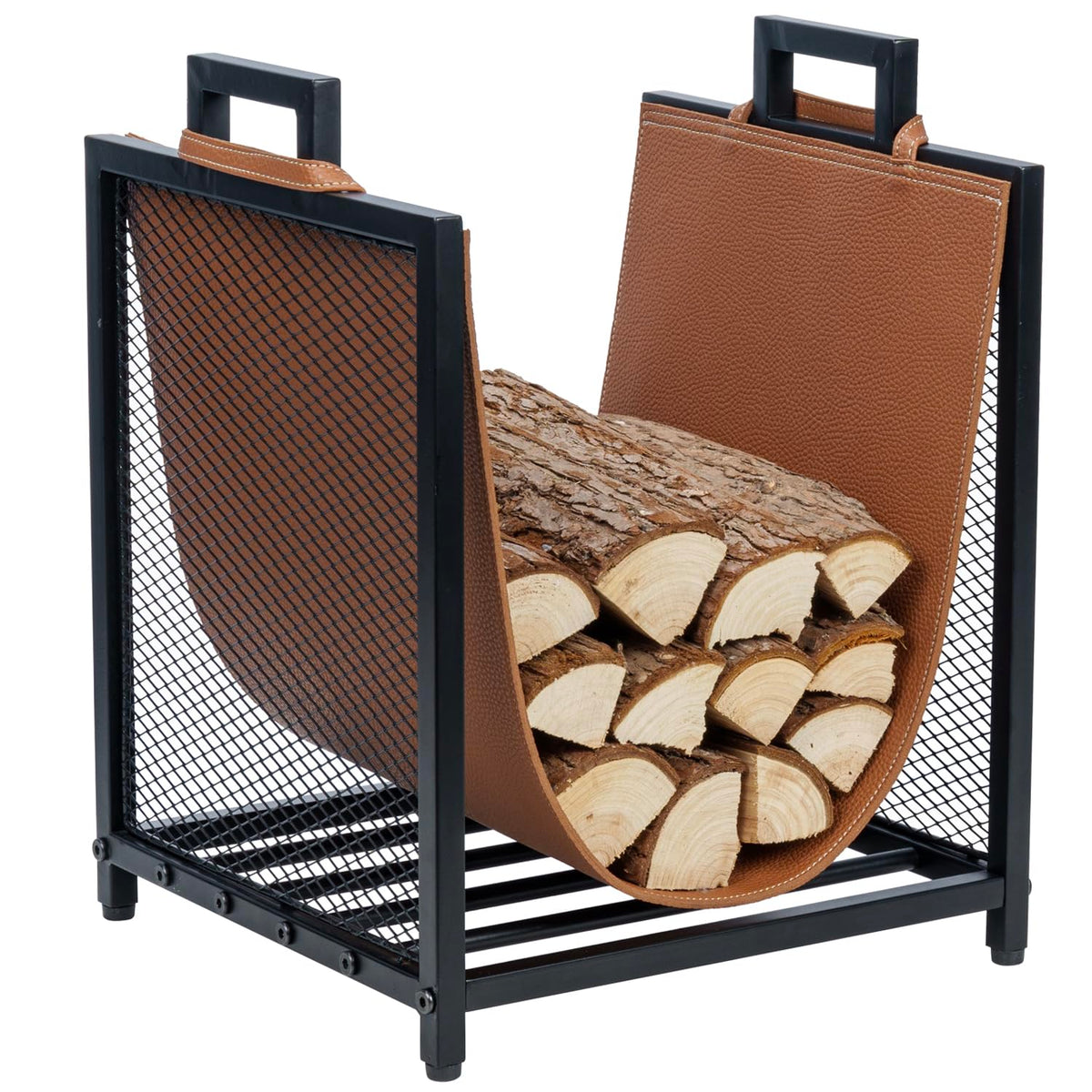 MyGift front view of compact black metal log rack for tidy storage