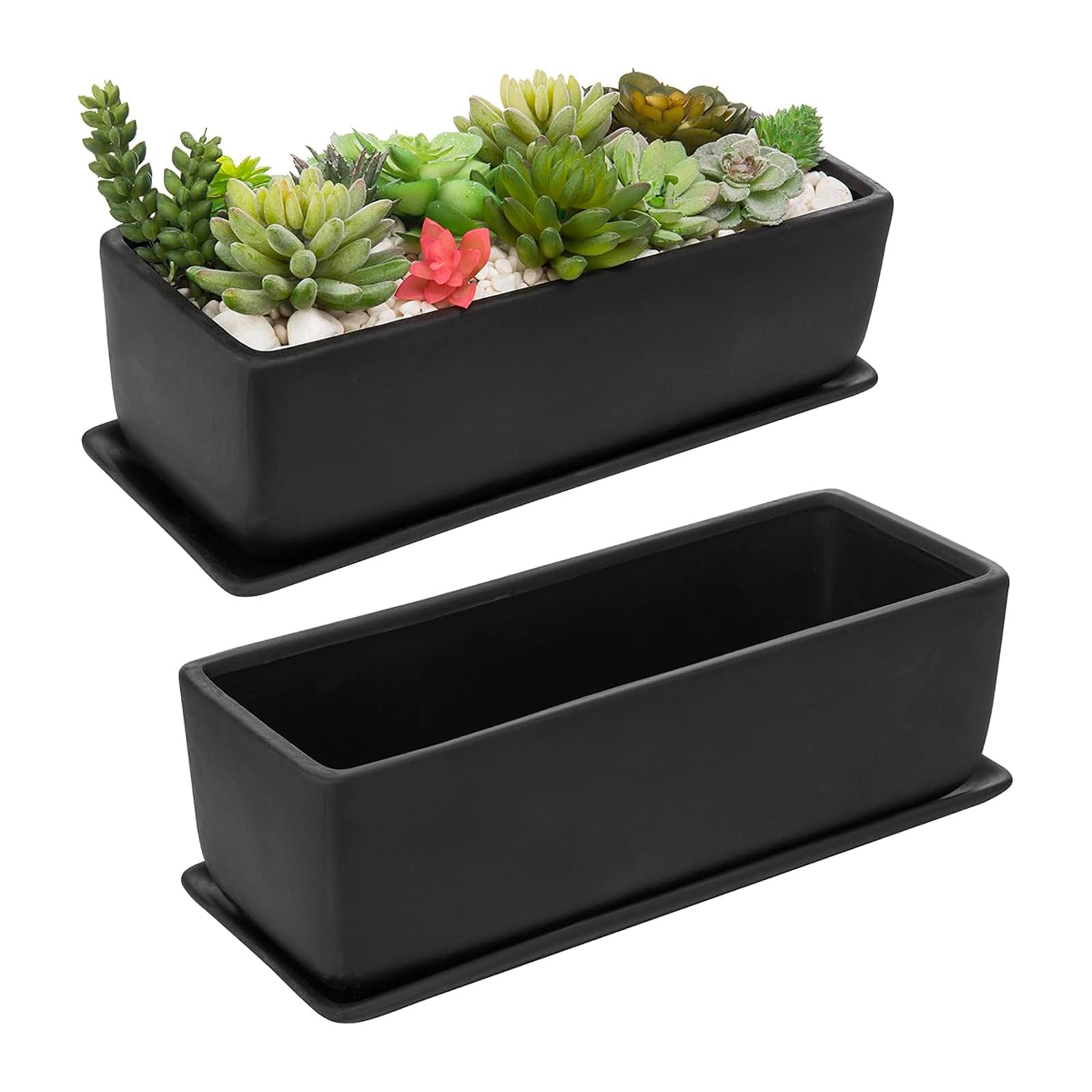 MyGift front view of matte black ceramic planter showing sleek rectangle and neutral style