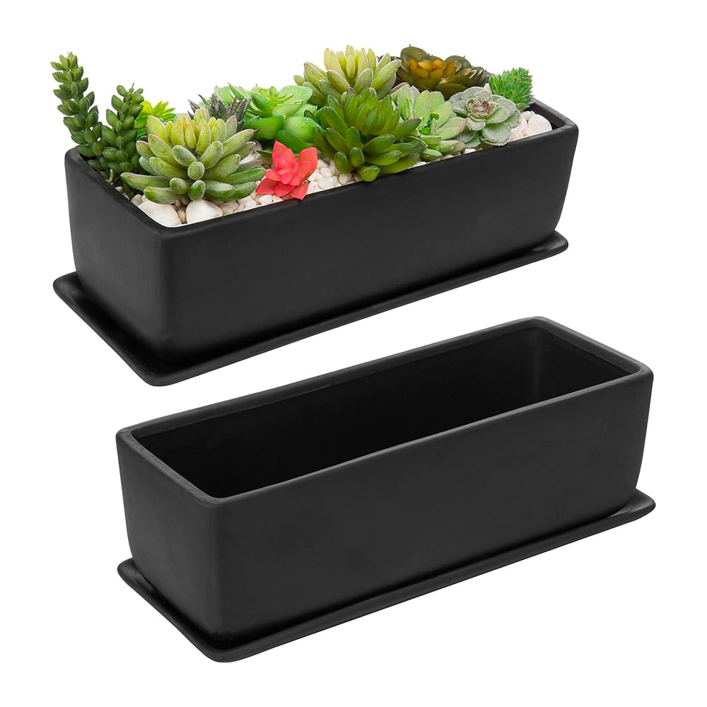 MyGift front view of matte black ceramic planter showing sleek rectangle and neutral style
