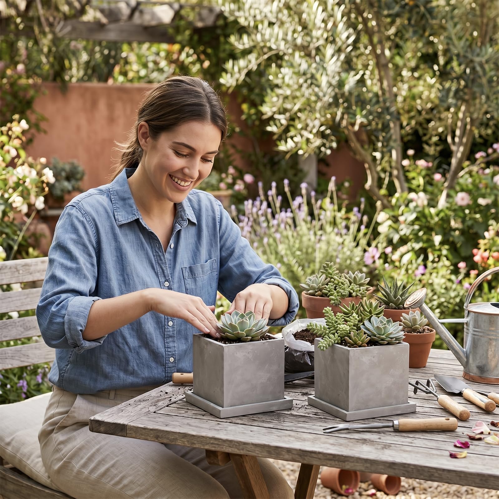 MyGift top view of planter filled with soil and succulent demonstrating perfect small-plant fit