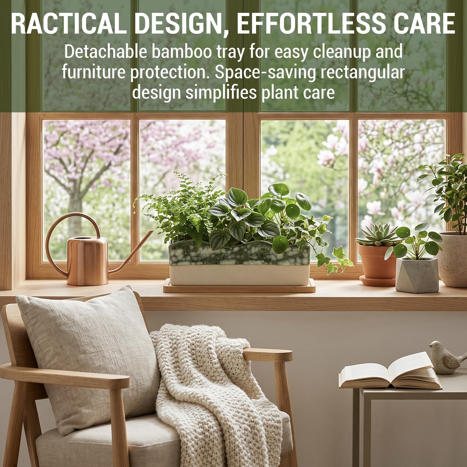 MyGift planter with removable bamboo tray detached, highlighting easy cleanup benefit