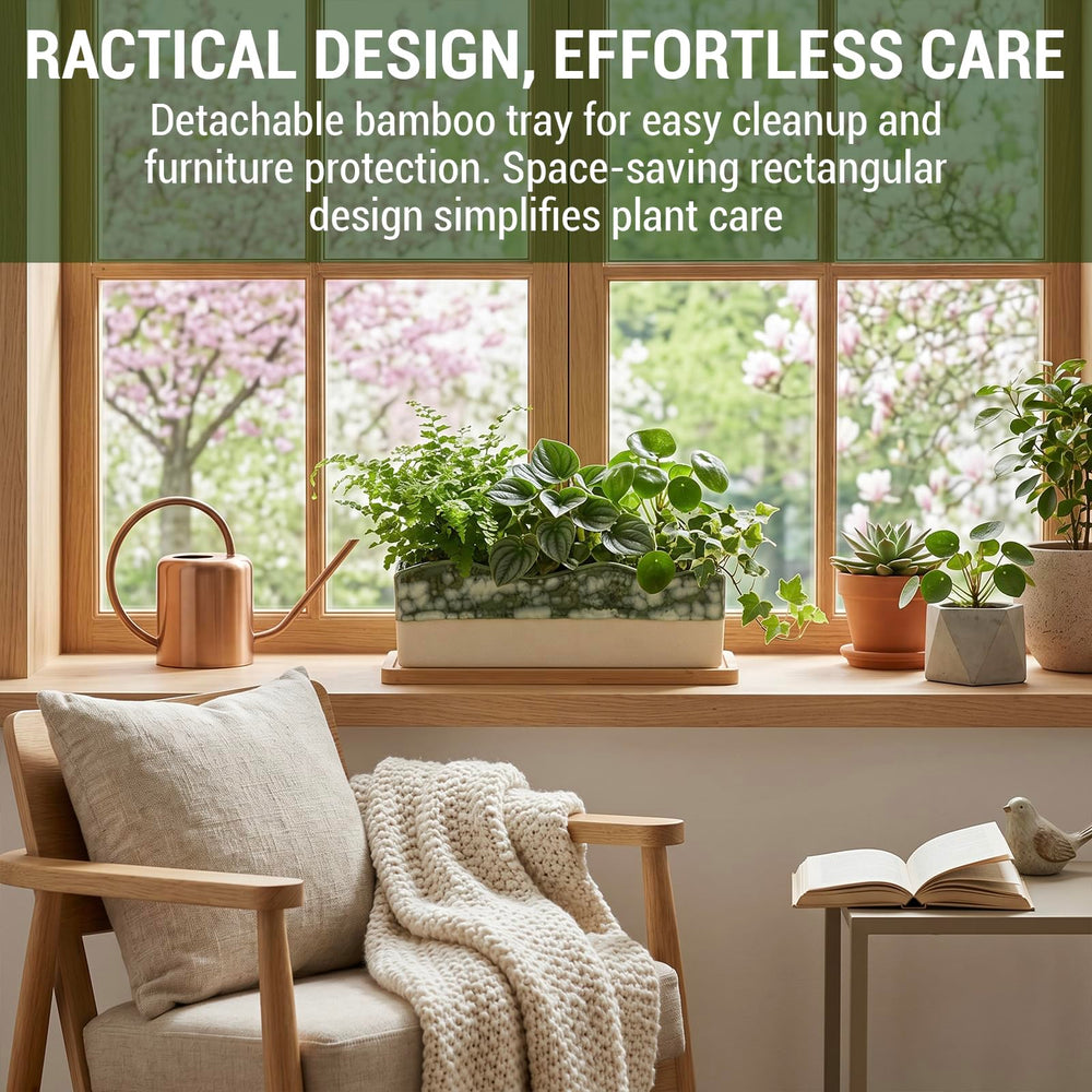 MyGift planter with removable bamboo tray detached, highlighting easy cleanup benefit