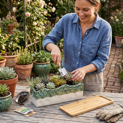 MyGift planter seated in removable bamboo tray showing spill protection and neatness