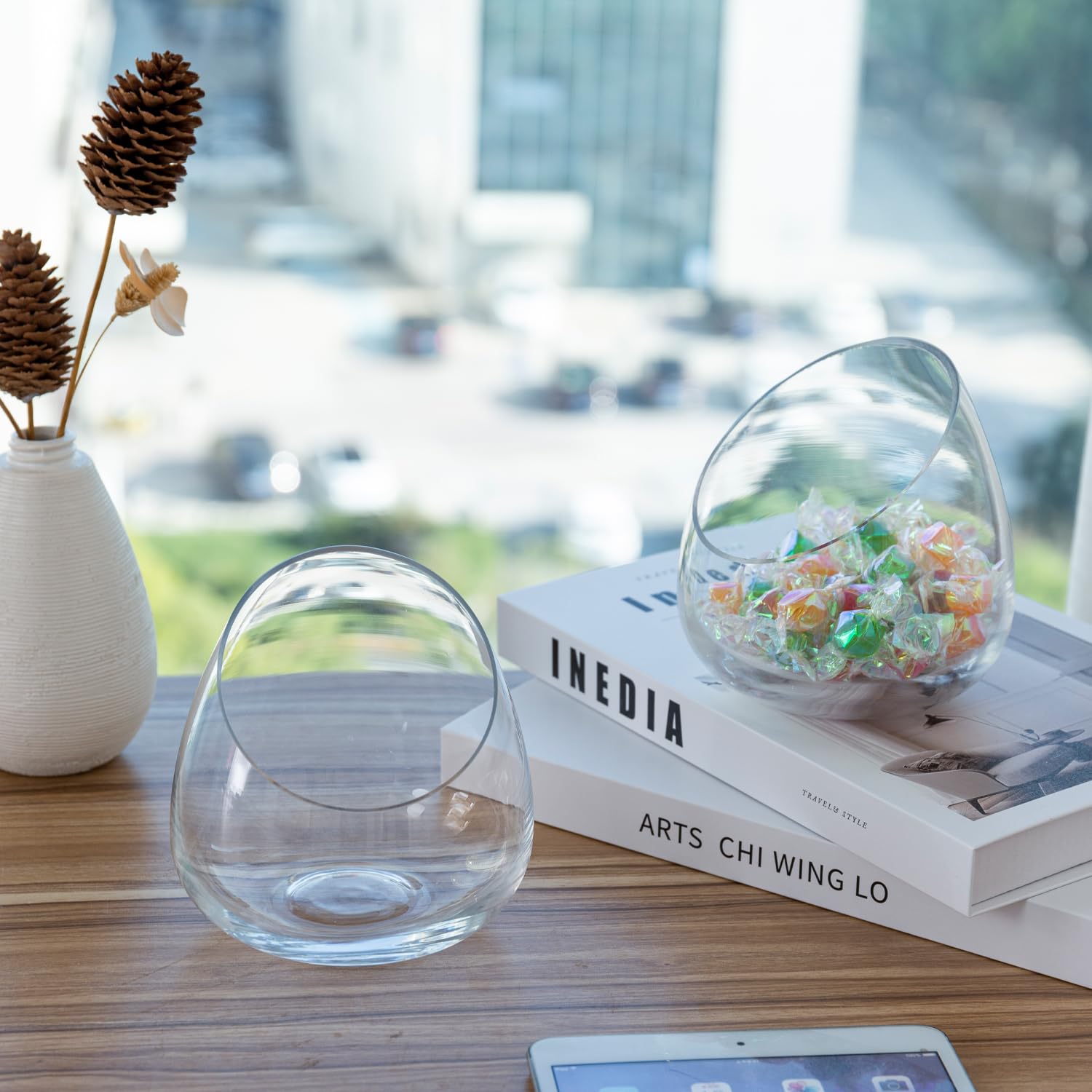 MyGift pair of vases styled on shelf adding simple greenery and balance