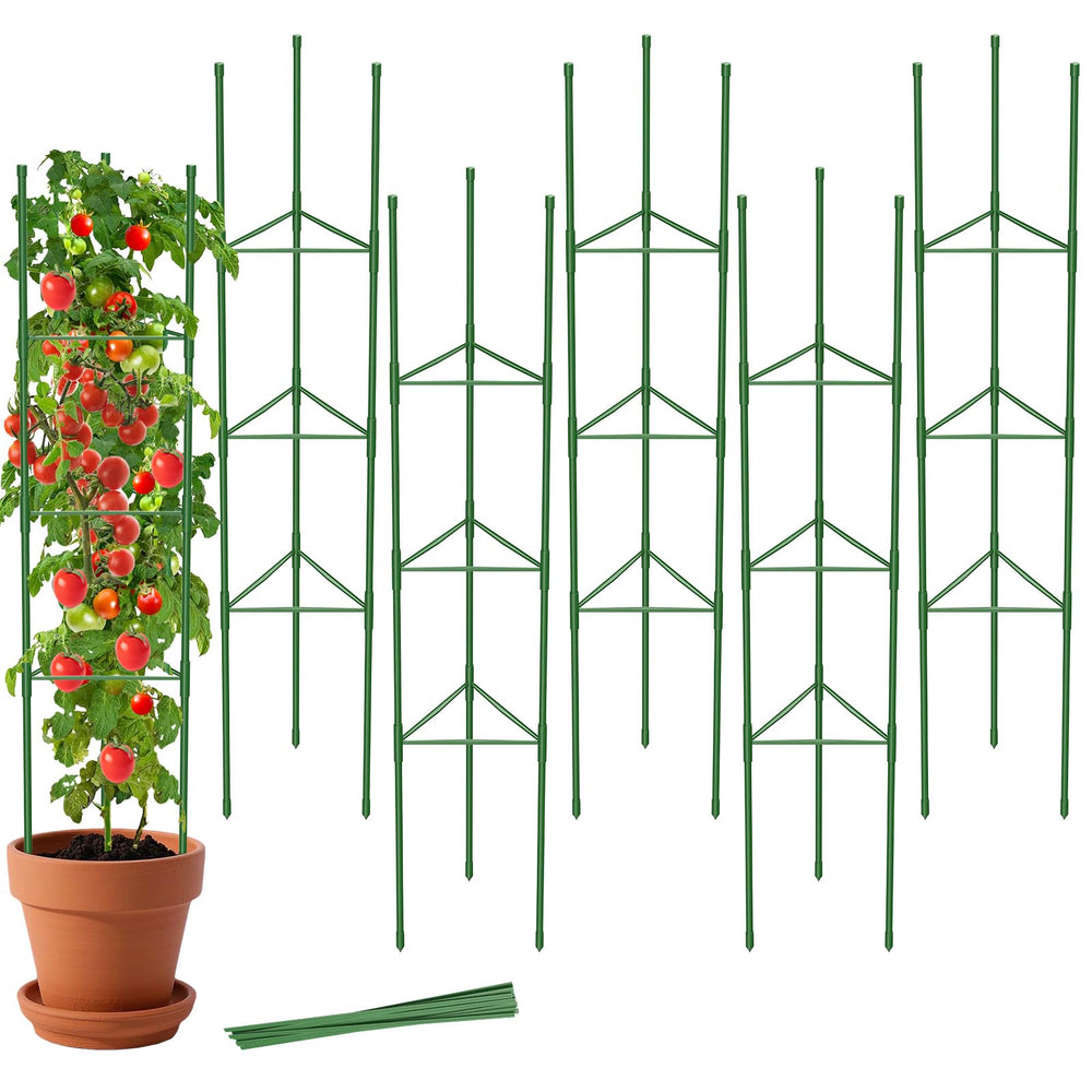 MYMULIKE front view of six assembled tomato cages showing compact packaging and coverage benefit