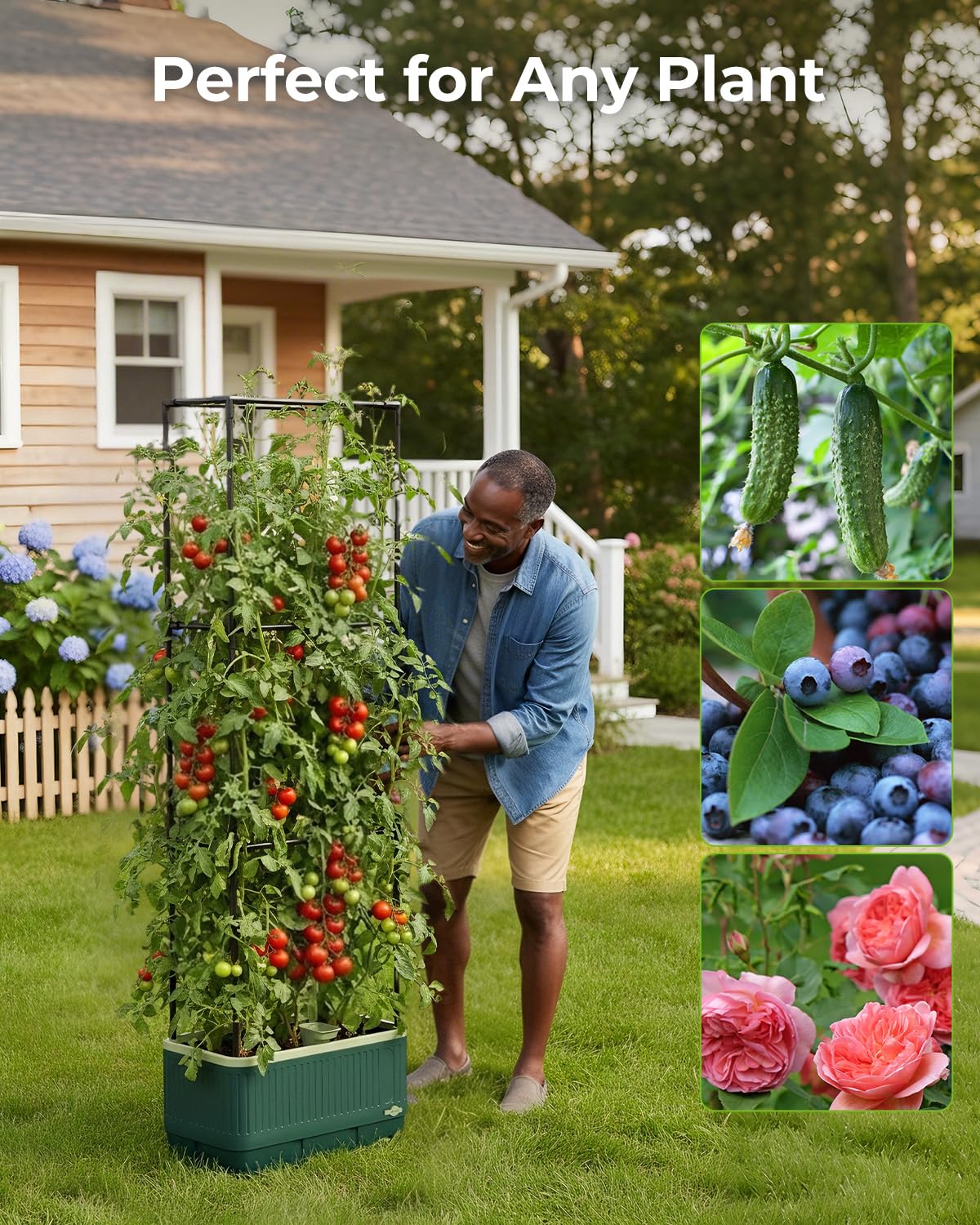 MYMULIKE planter in use with tomato plants on patio providing abundant vertical growth