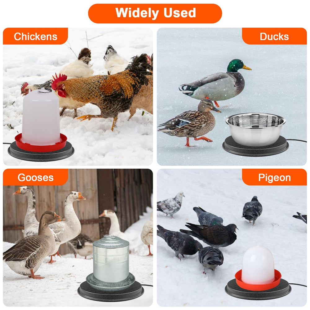 Myodal heater base in snowy pen showing frozen-water prevention benefit