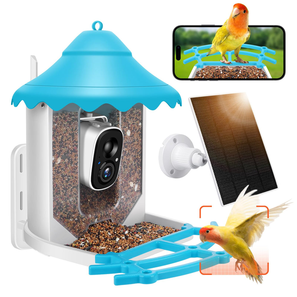 MYPIN front view showing feeder mounted outdoors and live-stream benefit