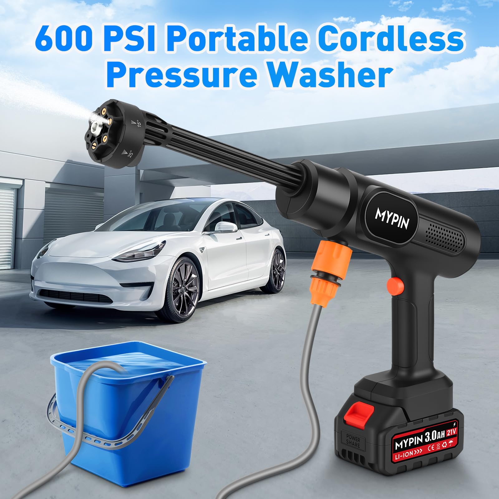 MYPIN close-up of 6-in-1 nozzle showing adjustable spray modes for versatile cleaning