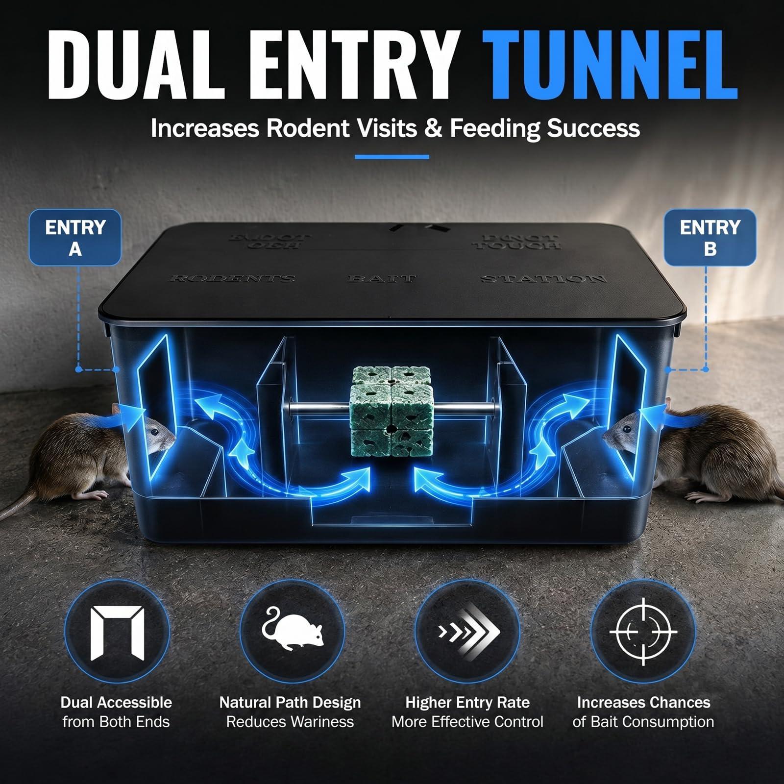Mysora dual entry tunnel close-up encouraging natural rodent entry for effective baiting