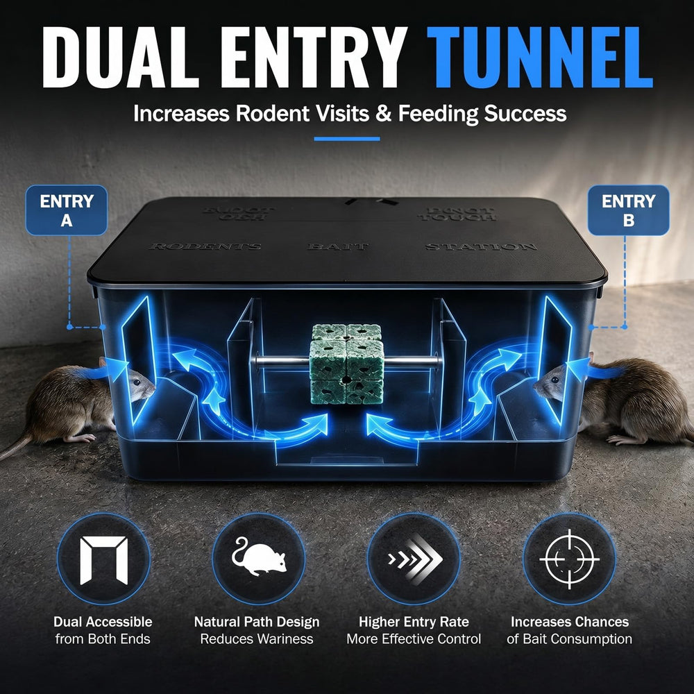 Mysora dual entry tunnel close-up encouraging natural rodent entry for effective baiting