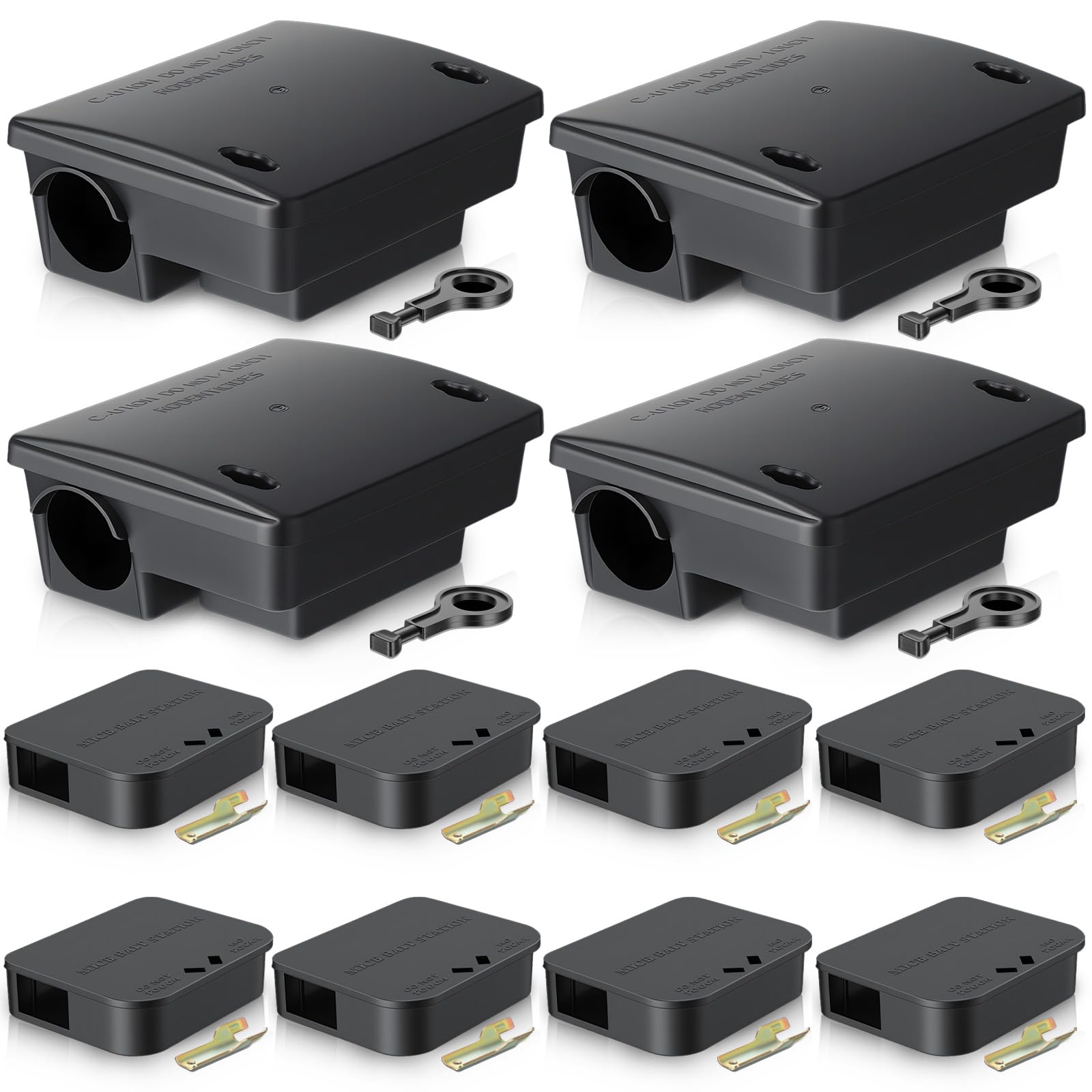 Mysora front view of full 12-pack set showing large and small stations and keys for safe storage