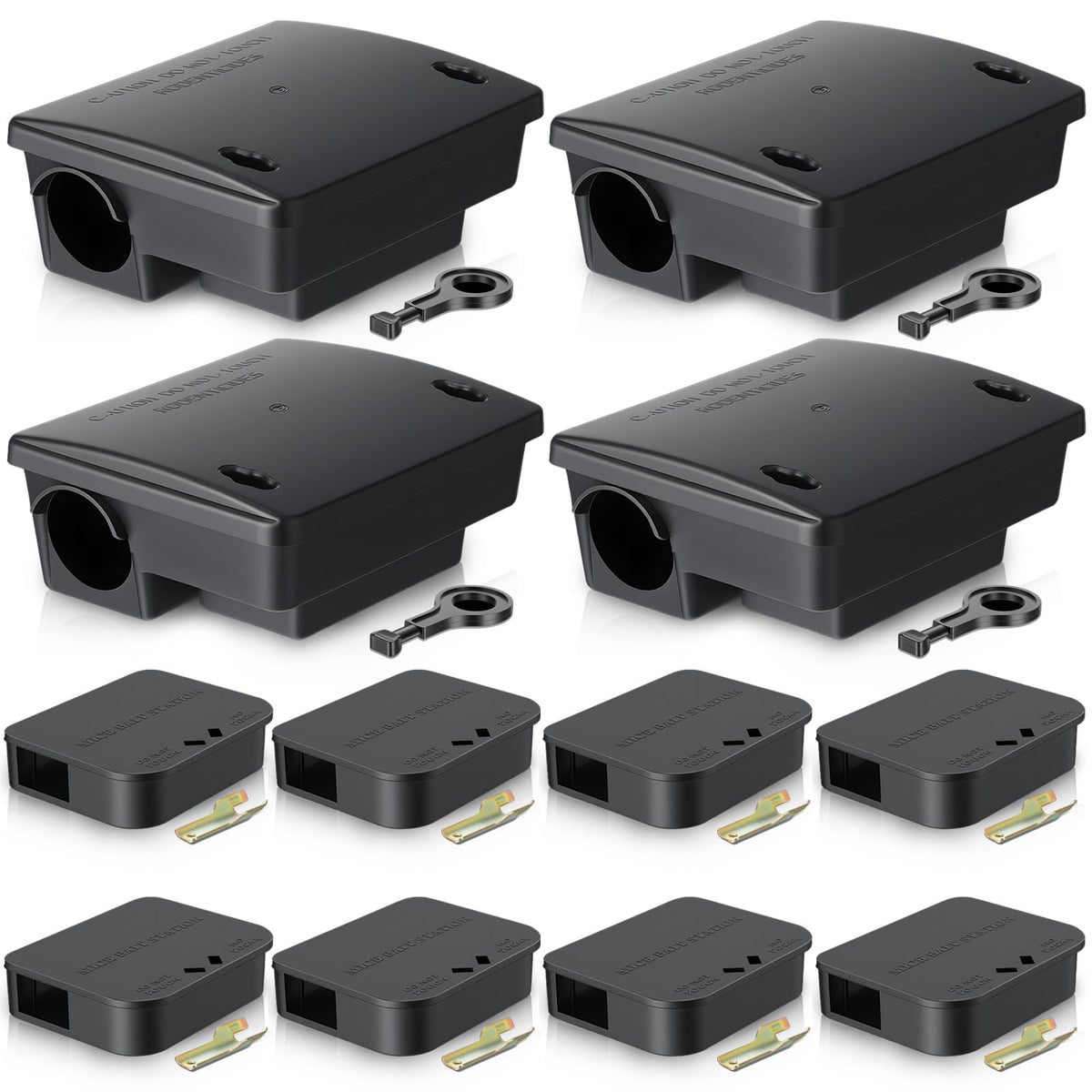 Mysora front view of full 12-pack set showing large and small stations and keys for safe storage