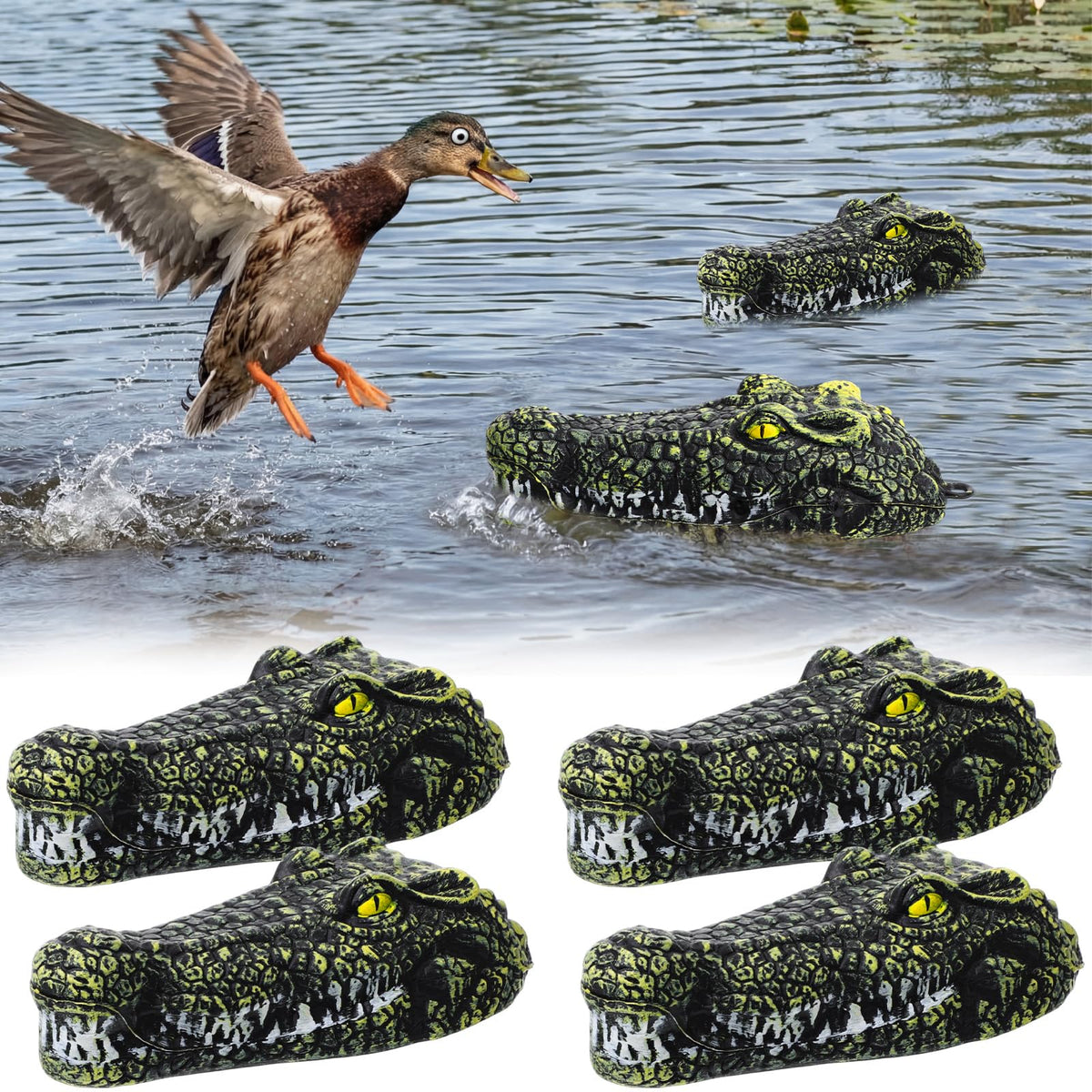 Mysora front view pack shows four floating alligator heads for strong visual deterrent