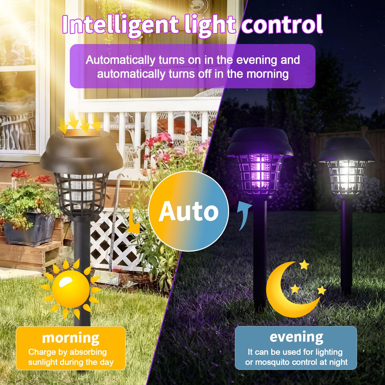 Mysora lamp glowing on patio at night reducing insects near seating