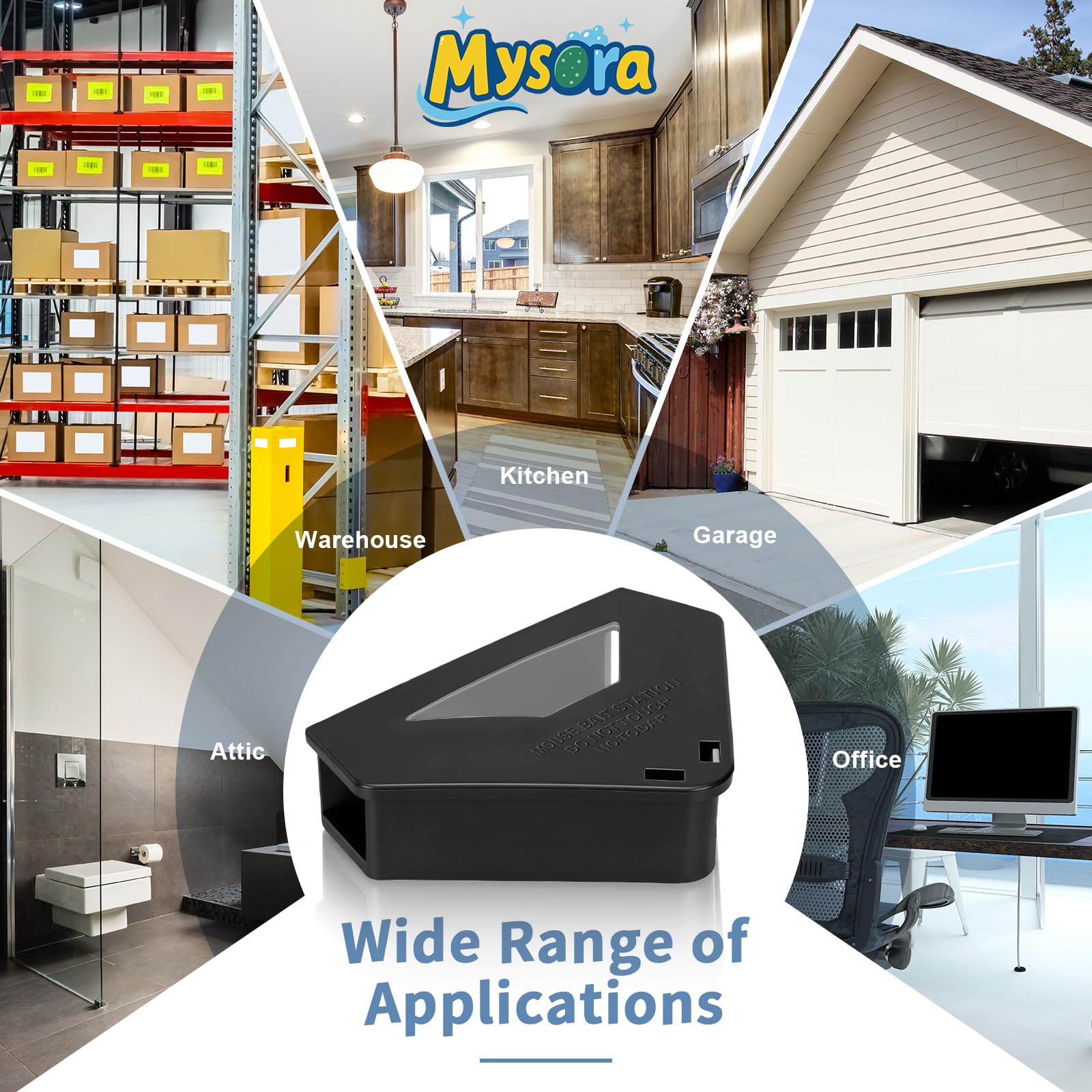 Mysora bait station installed in garage corner for outdoor, year-round protection