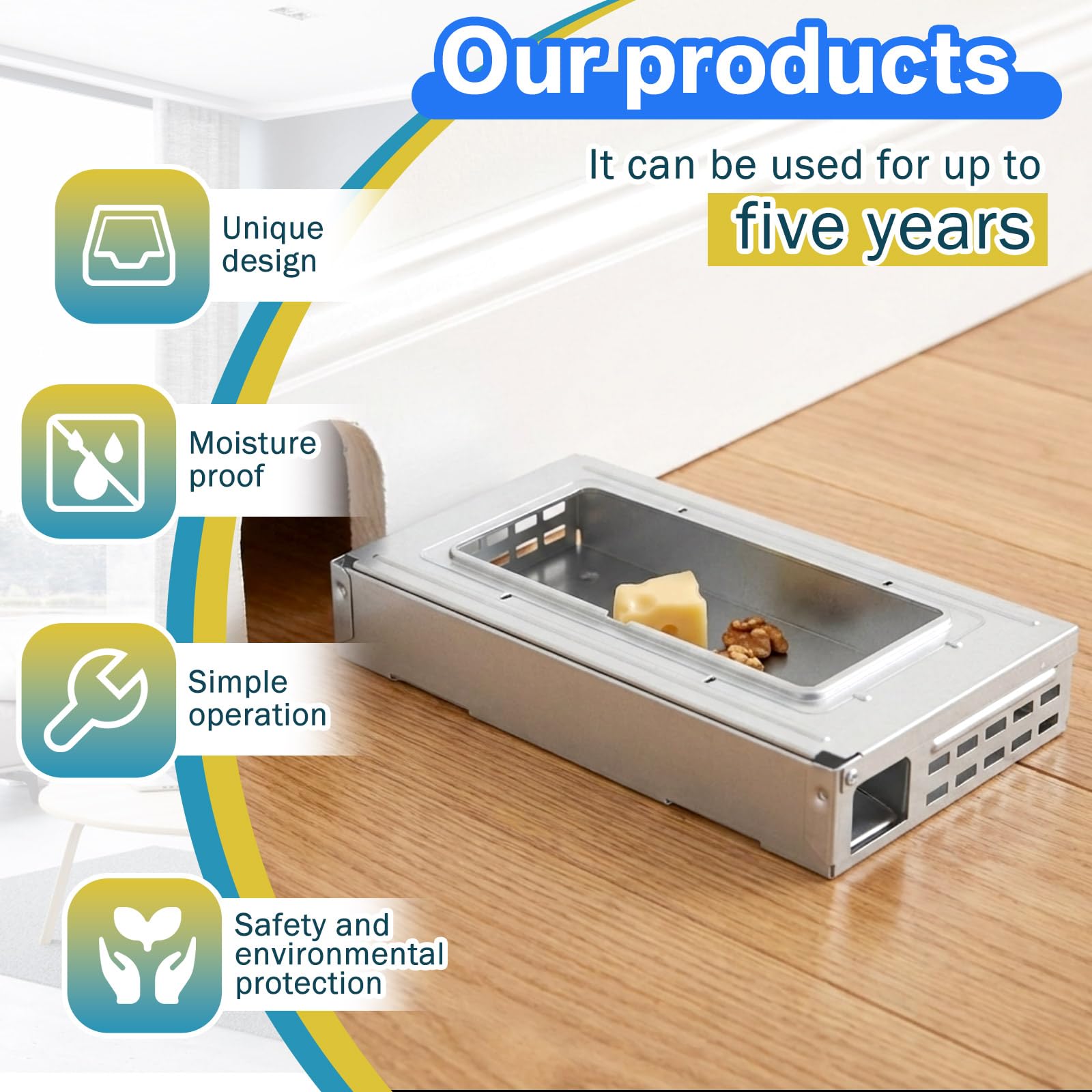 Mysora trap next to ruler showing compact size and convenient placement