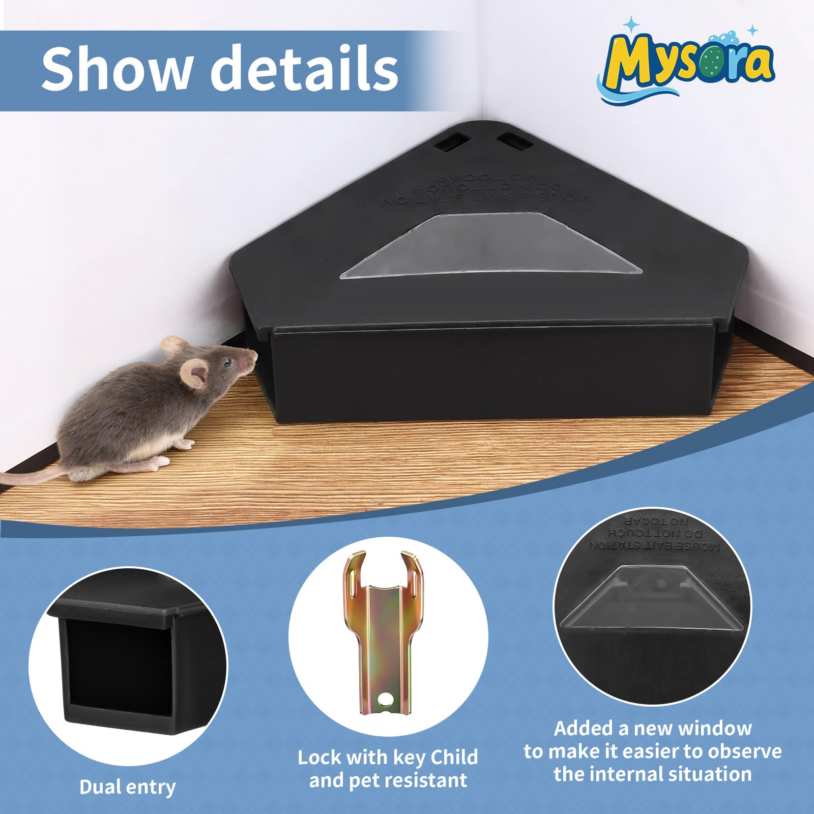 Mysora triangular station tucked into a corner maximizing rodent encounter chances