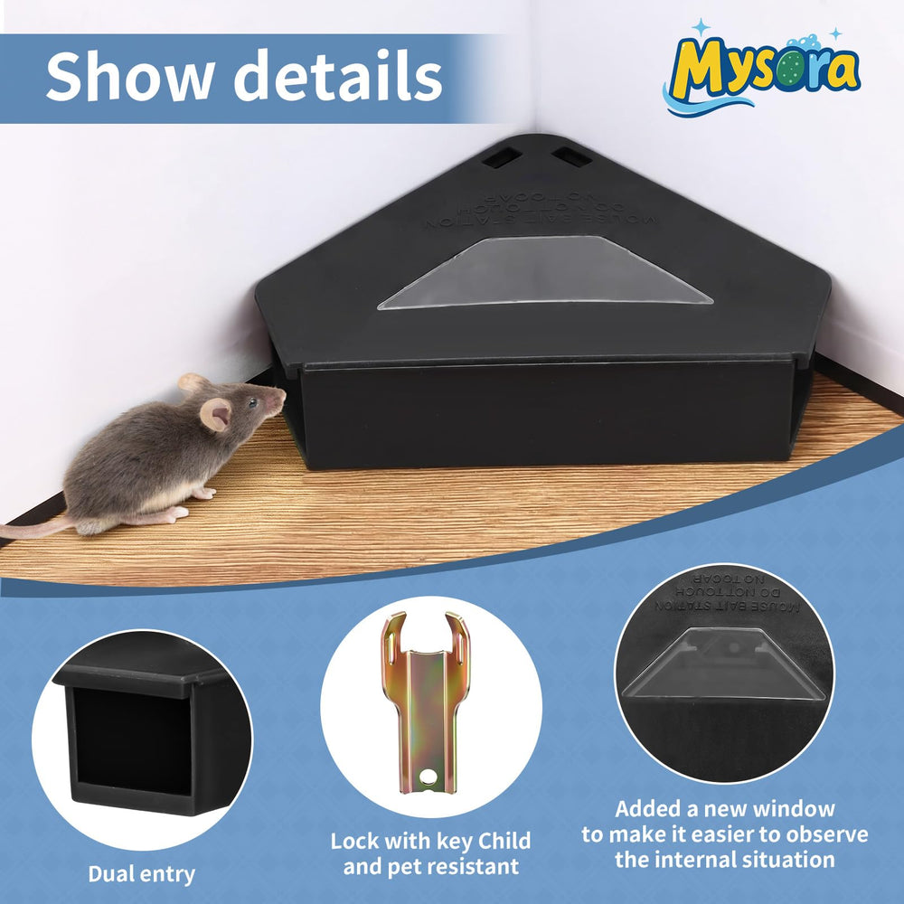 Mysora triangular station tucked into a corner maximizing rodent encounter chances