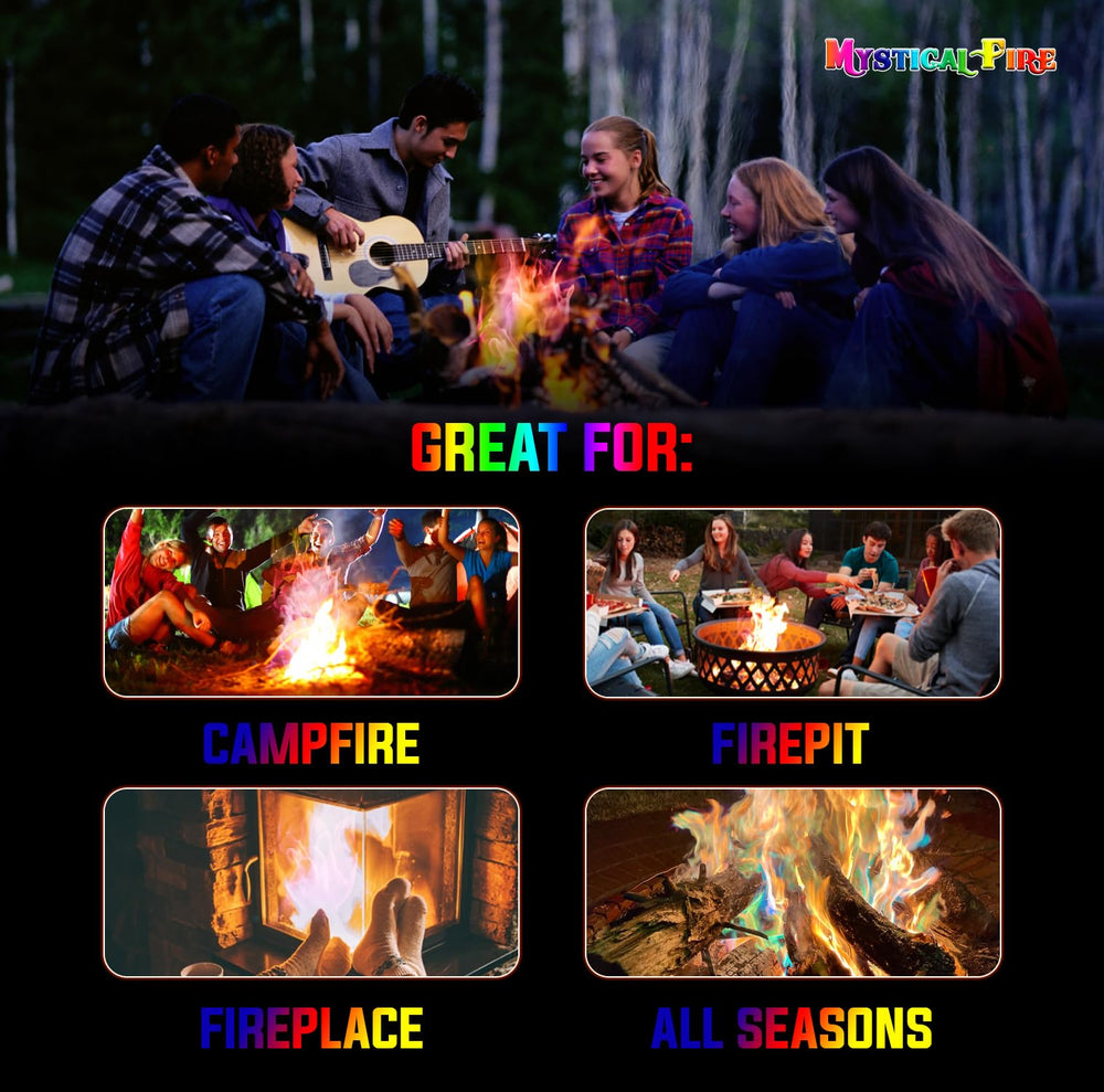Mystical Fire in a camping scene with friends enjoying colorful campfire mood