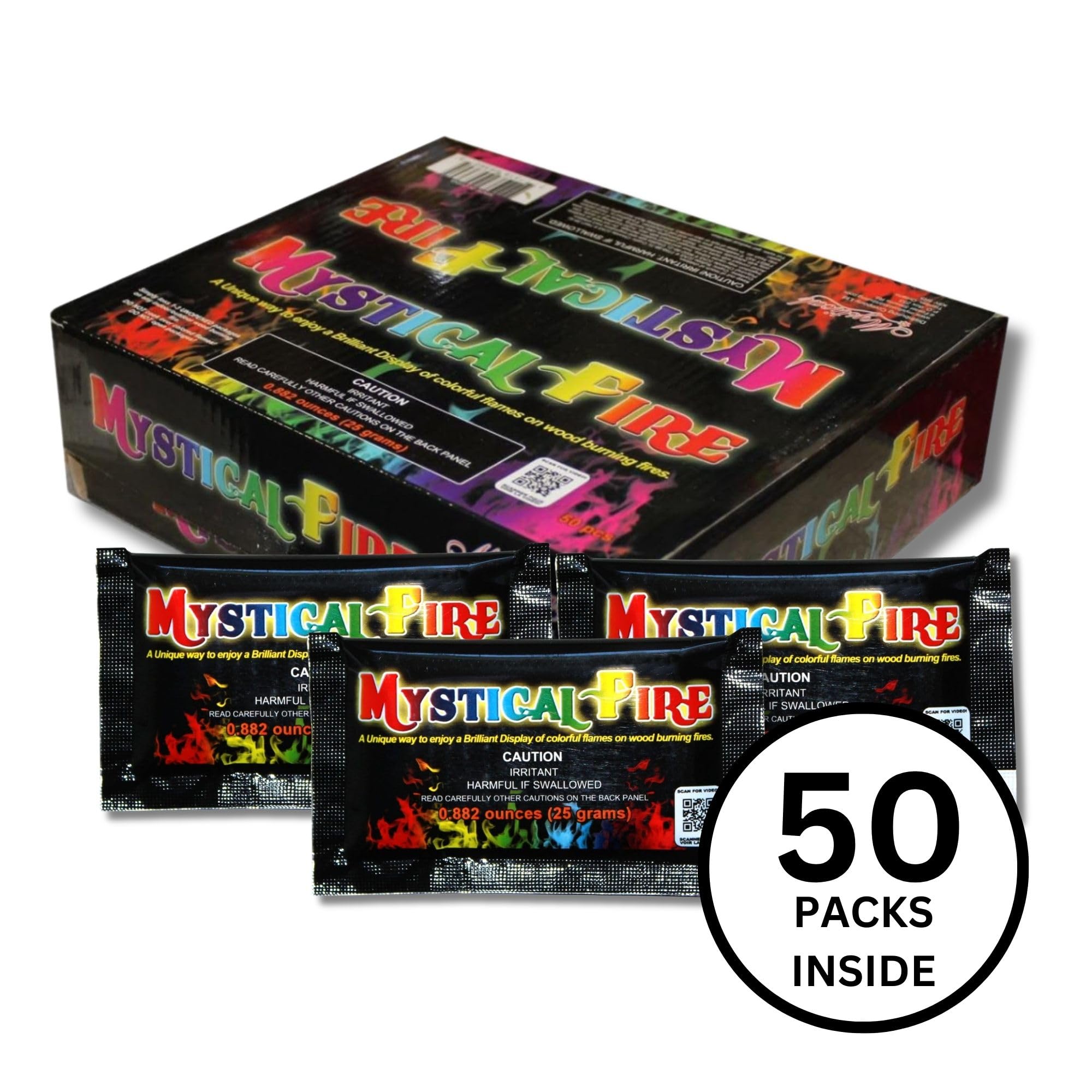Mystical Fire open box displaying neatly arranged color changing packets for convenience