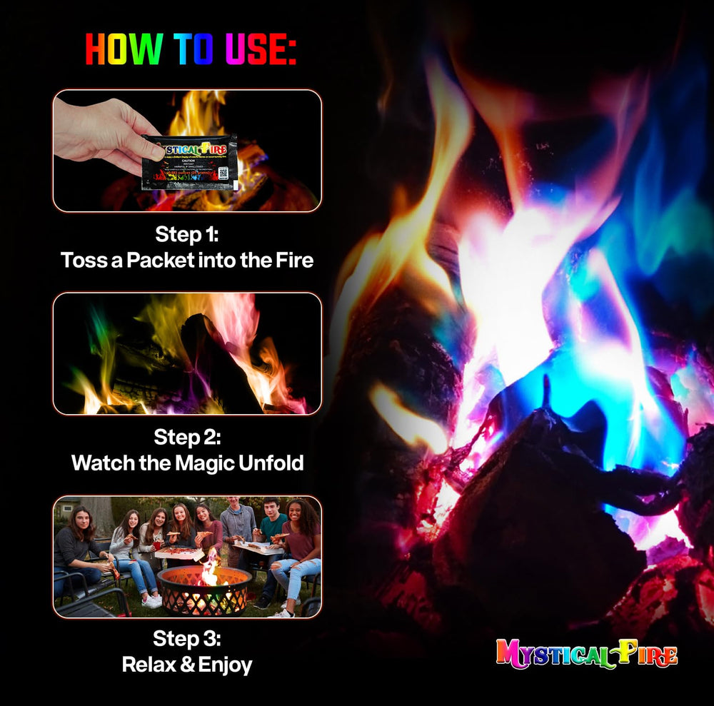 Mystical Fire packet next to a hand to show compact size and portability benefit