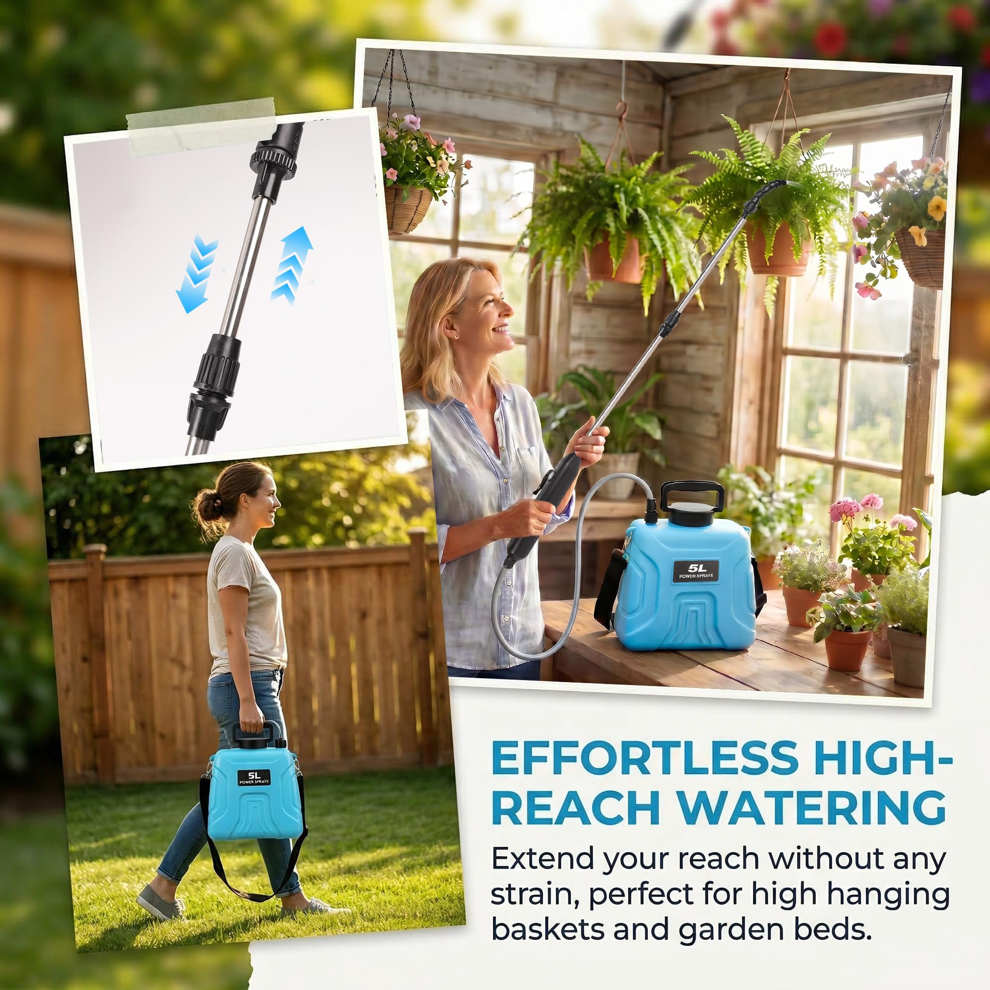 Mytium watering a hanging basket to show safe hands-free reach