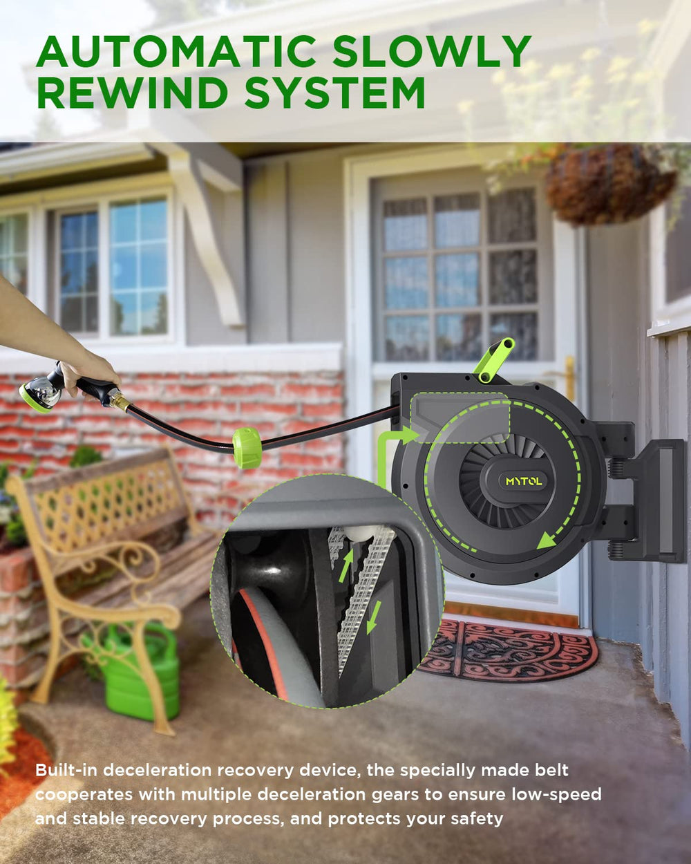 MYTOL full 100ft hose extended across yard showing extensive coverage and reach benefit