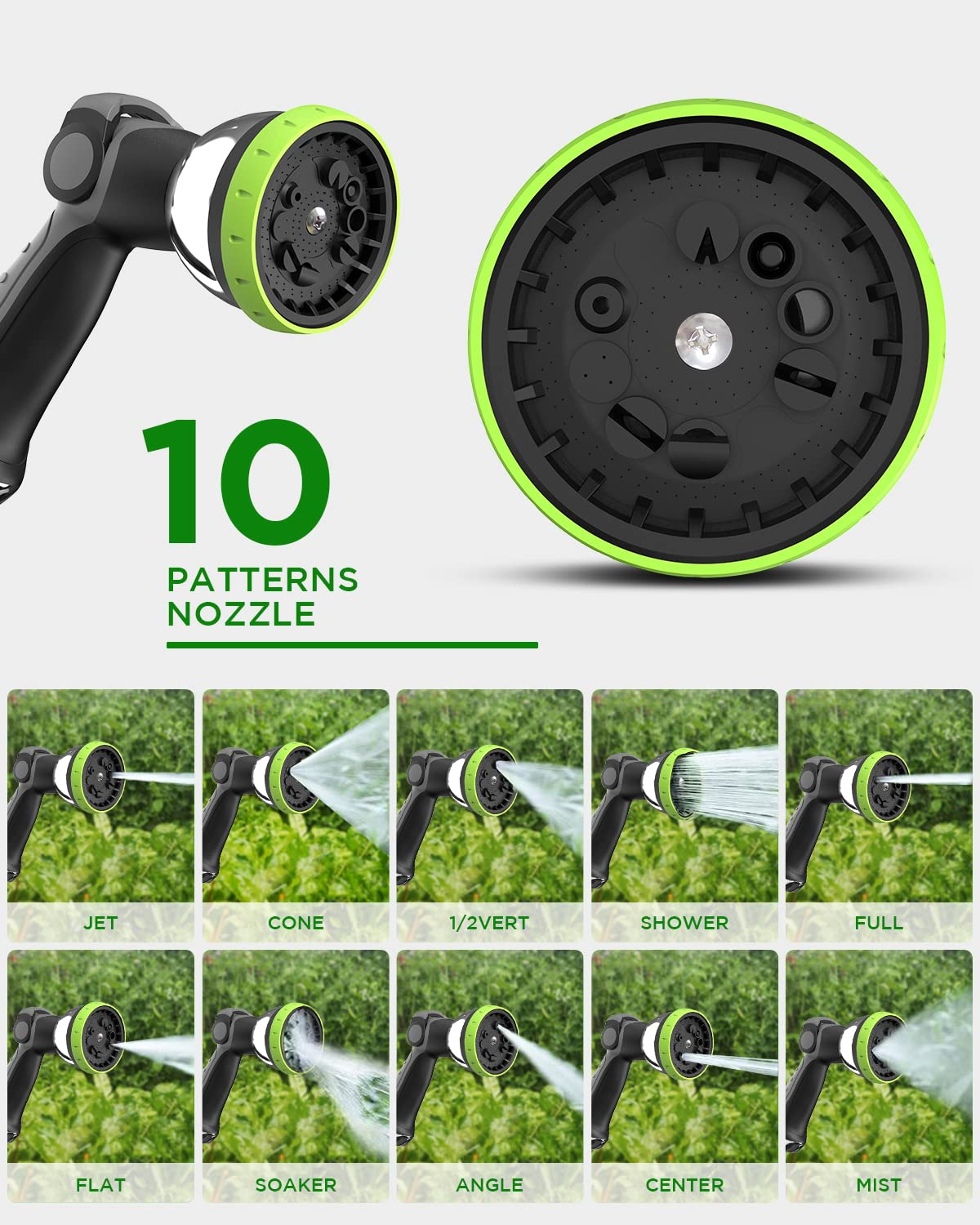 MYTOL close-up of metal 10-pattern nozzle showing durable construction and versatile spray benefit