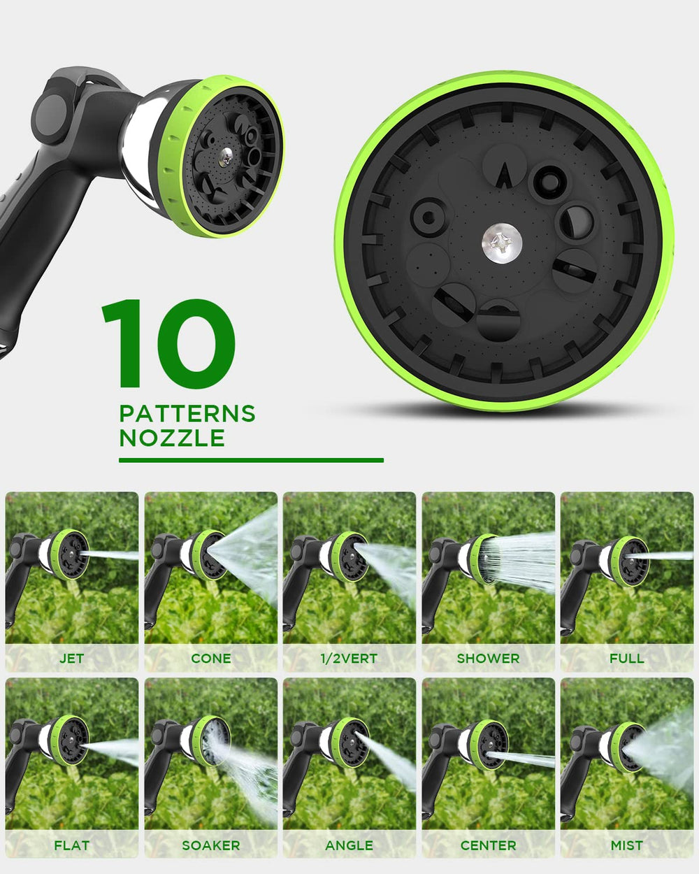 MYTOL close-up of metal 10-pattern nozzle showing durable construction and versatile spray benefit