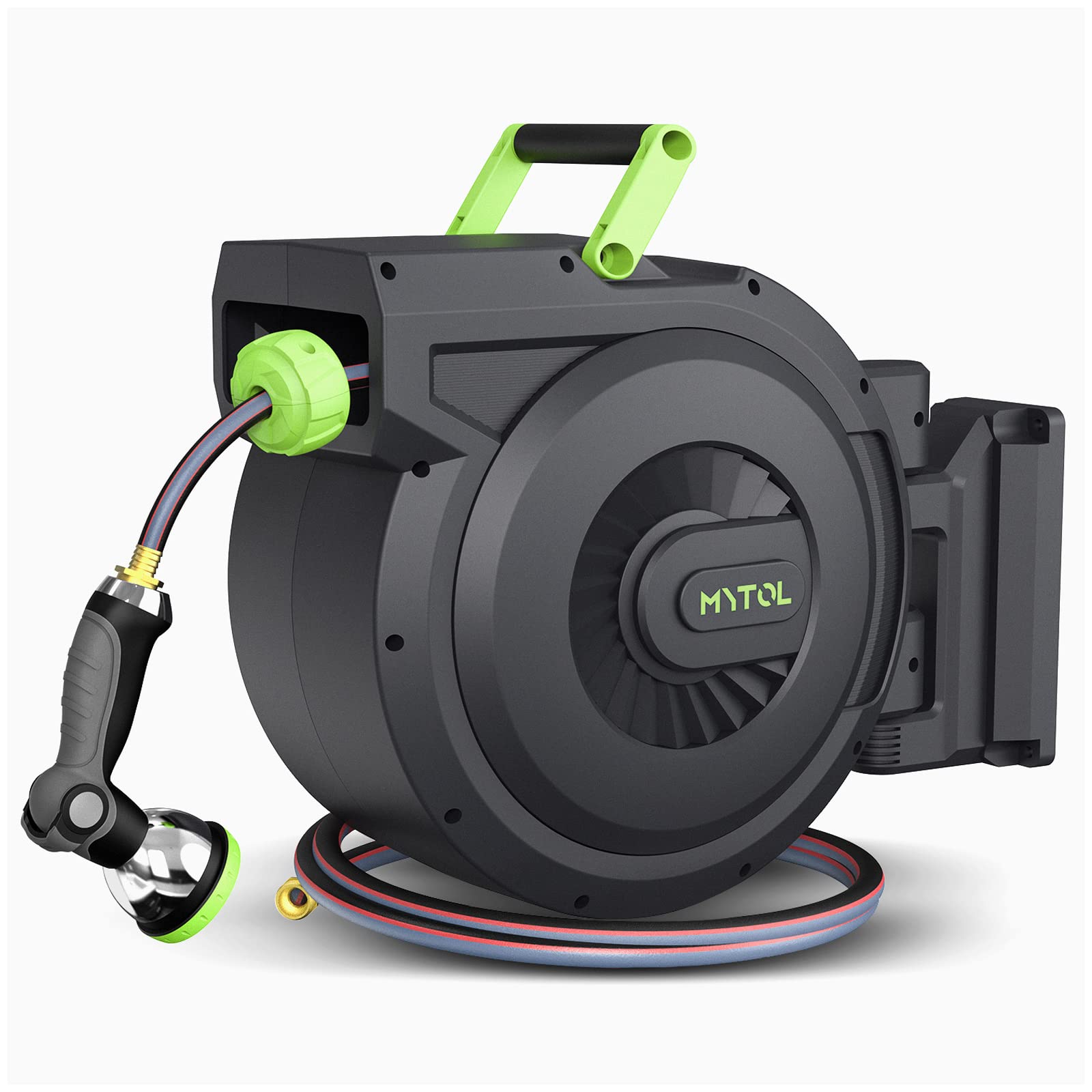 MYTOL front view of retractable hose reel showing compact design and tidy storage benefit