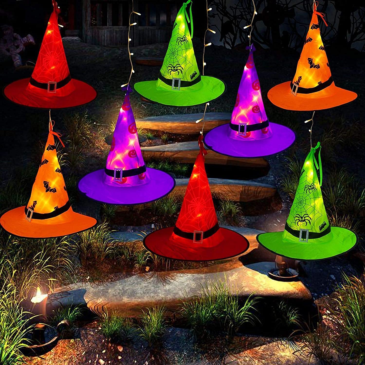 MZD8391 front packaging showing 8 witch hats and LED string, easy seasonal setup
