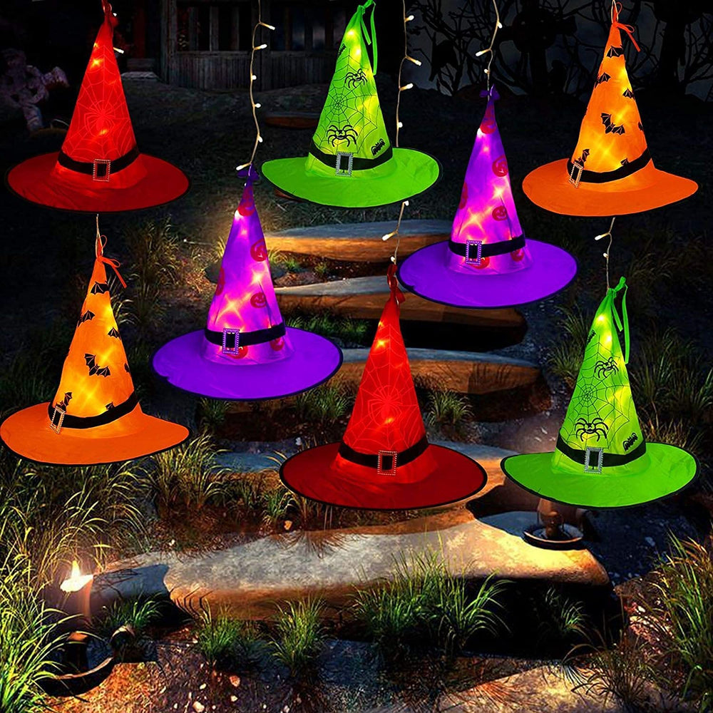 MZD8391 front packaging showing 8 witch hats and LED string, easy seasonal setup