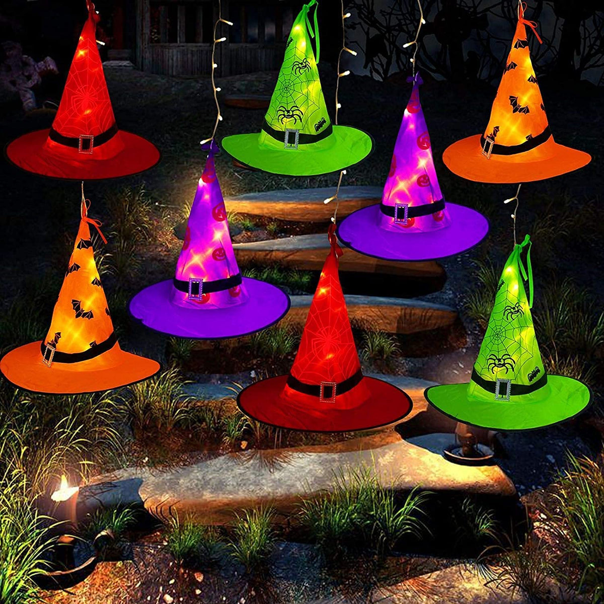 MZD8391 front packaging showing 8 witch hats and LED string, easy seasonal setup