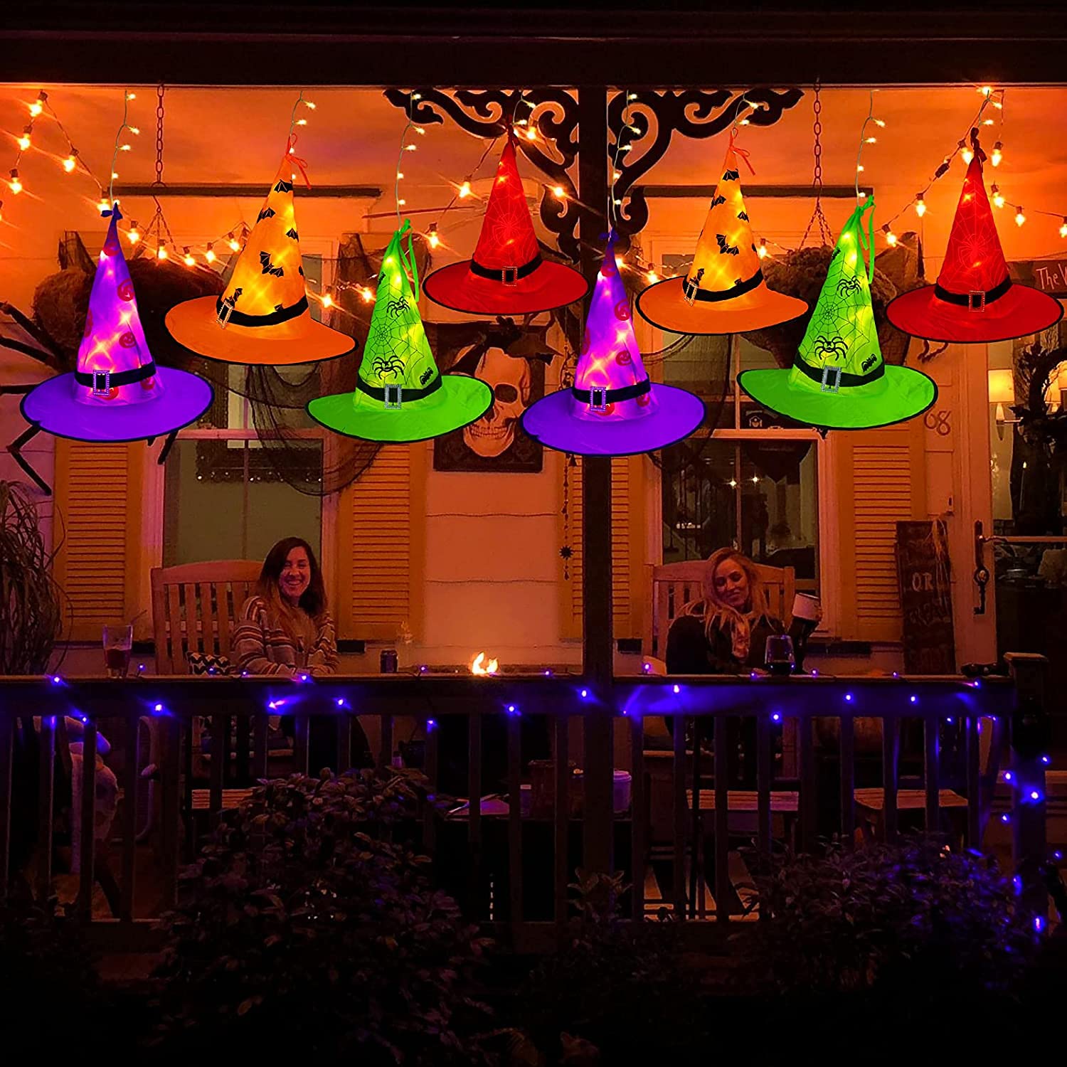 MZD8391 hung on porch with warm LEDs, brand lights creating welcoming Halloween curb appeal