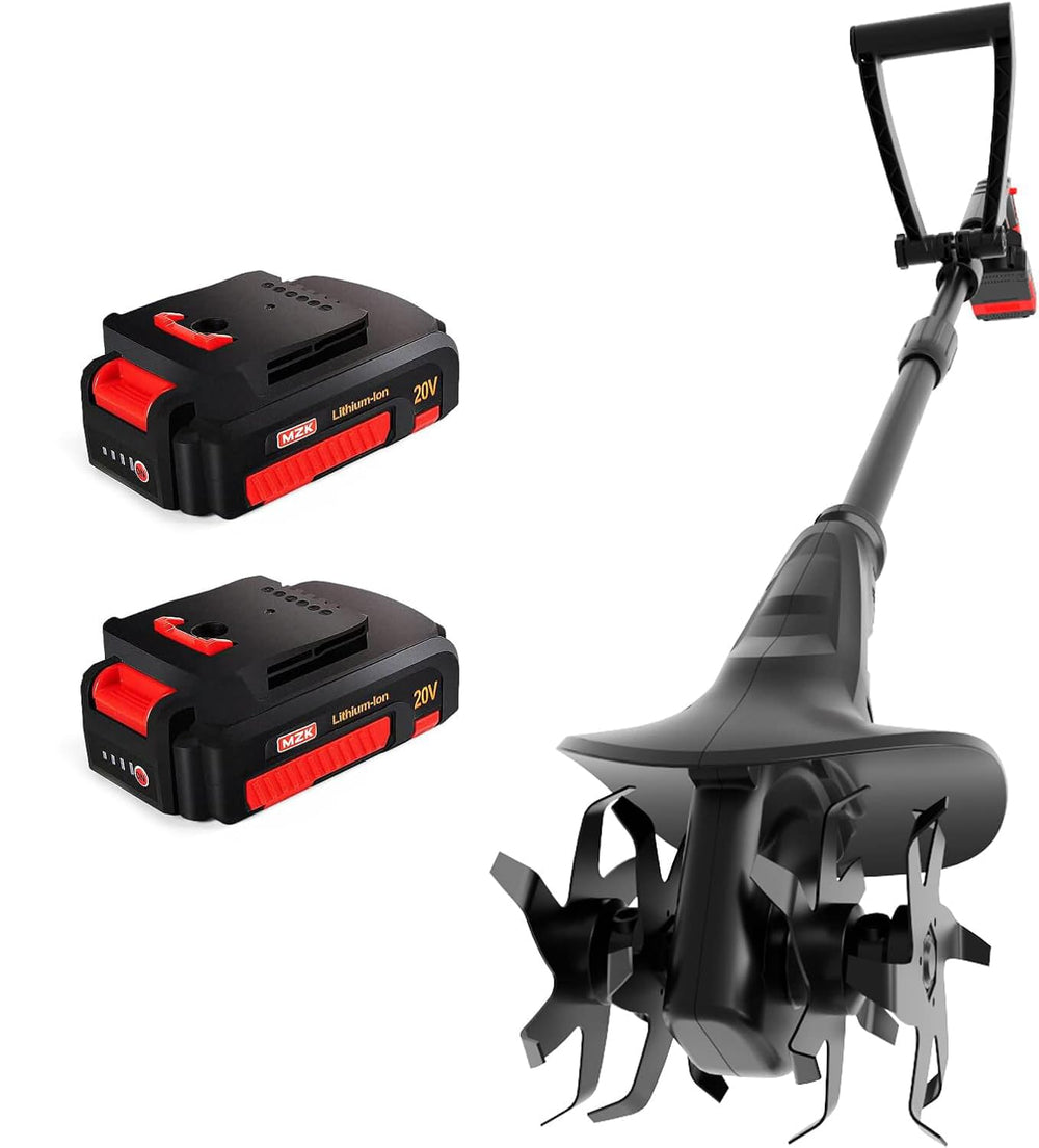 MZK 20V tiller front view showing tines and compact design for efficient gardening