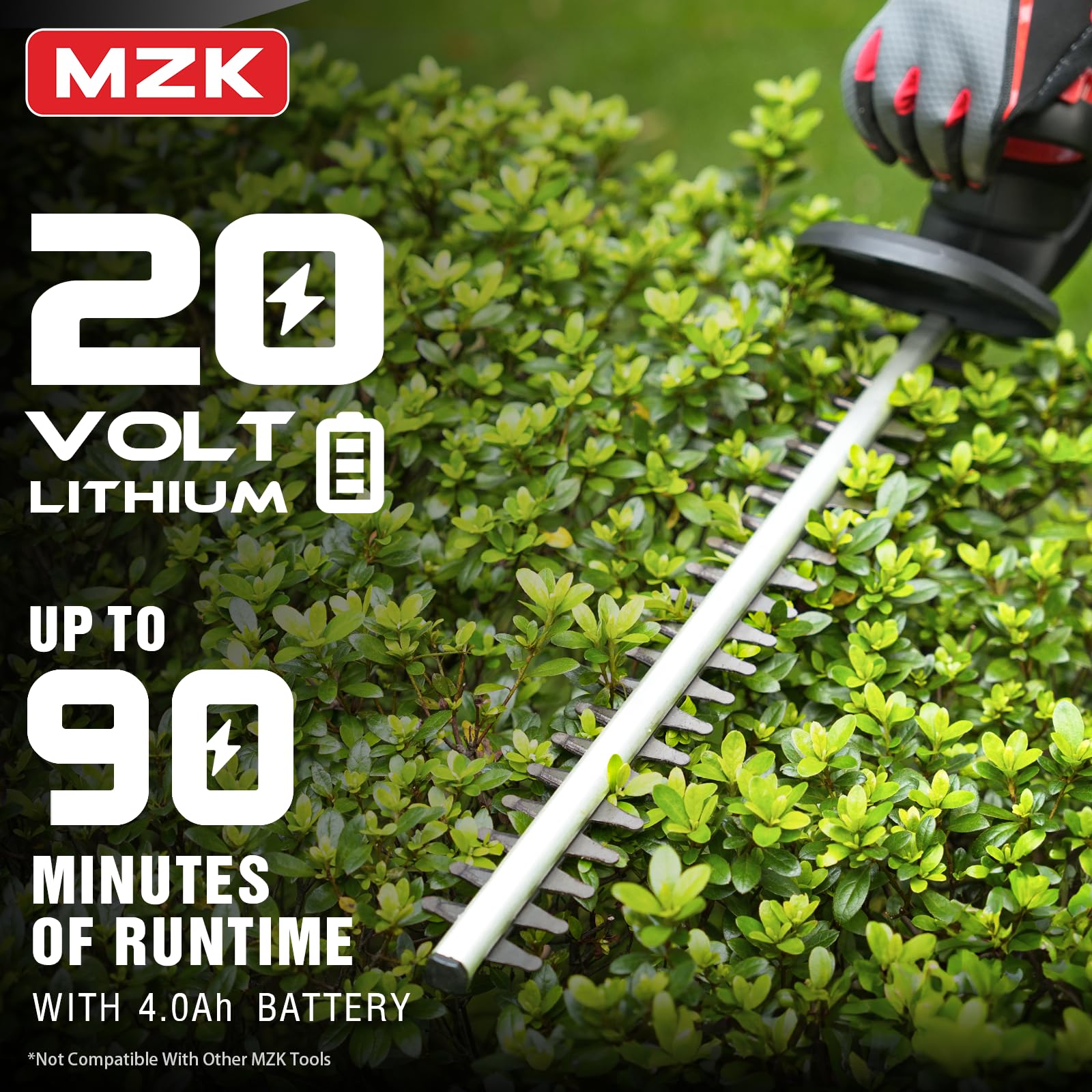 MZK cordless trimmer in use on a hedge demonstrating cordless mobility benefit