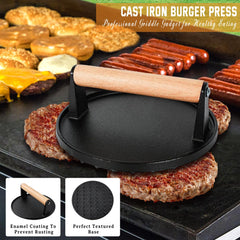 N NOBLE FAMILY burger press in use on griddle showing consistent patty shaping