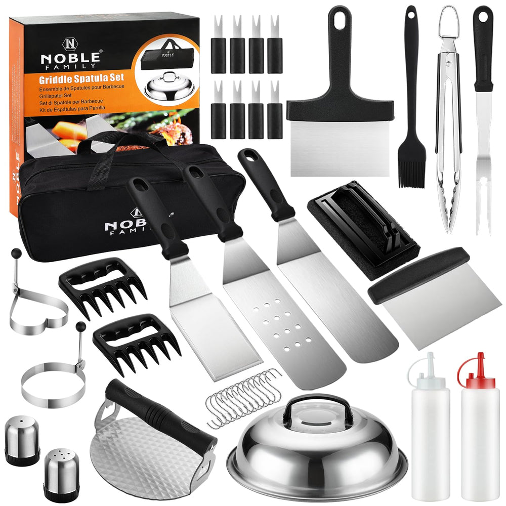 N NOBLE FAMILY front packaging showing full 38-piece griddle kit and easy storage benefit