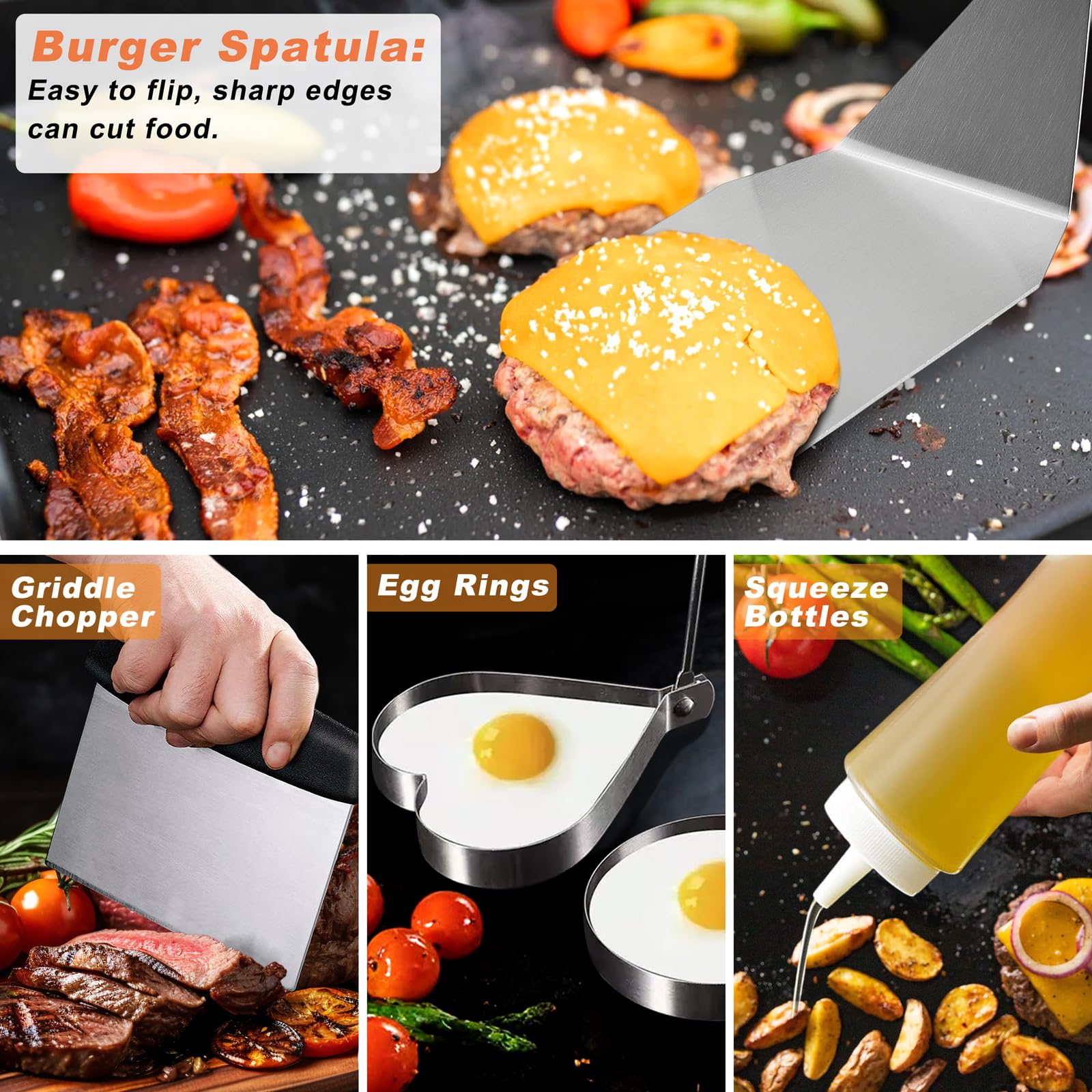 N NOBLE FAMILY tools in use on a flat top griddle showing professional performance outdoors