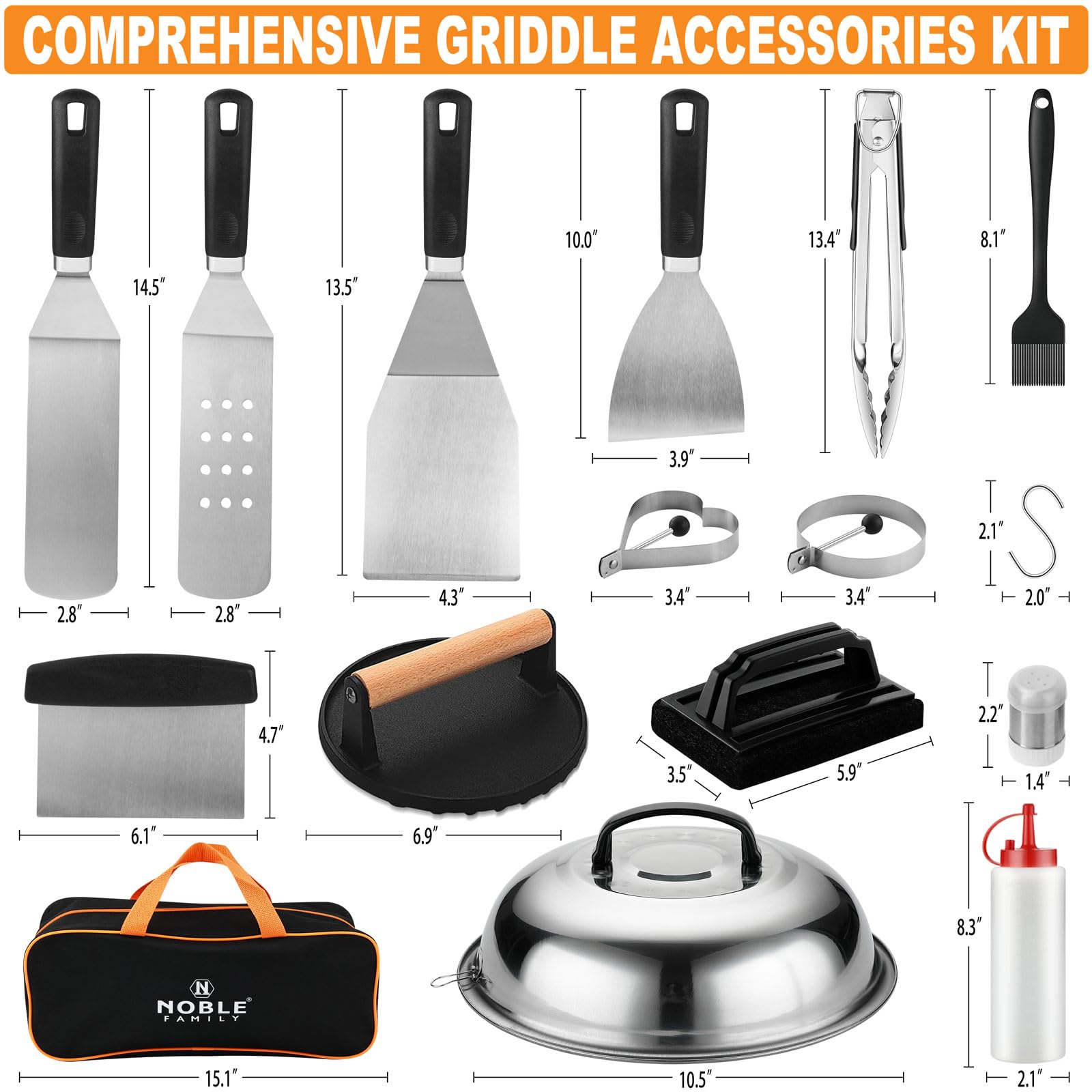 N NOBLE FAMILY stainless-steel spatula close-up showing sturdy edge and control