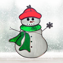 N2 snowman front view showing colored glass and silver seams brightening windows