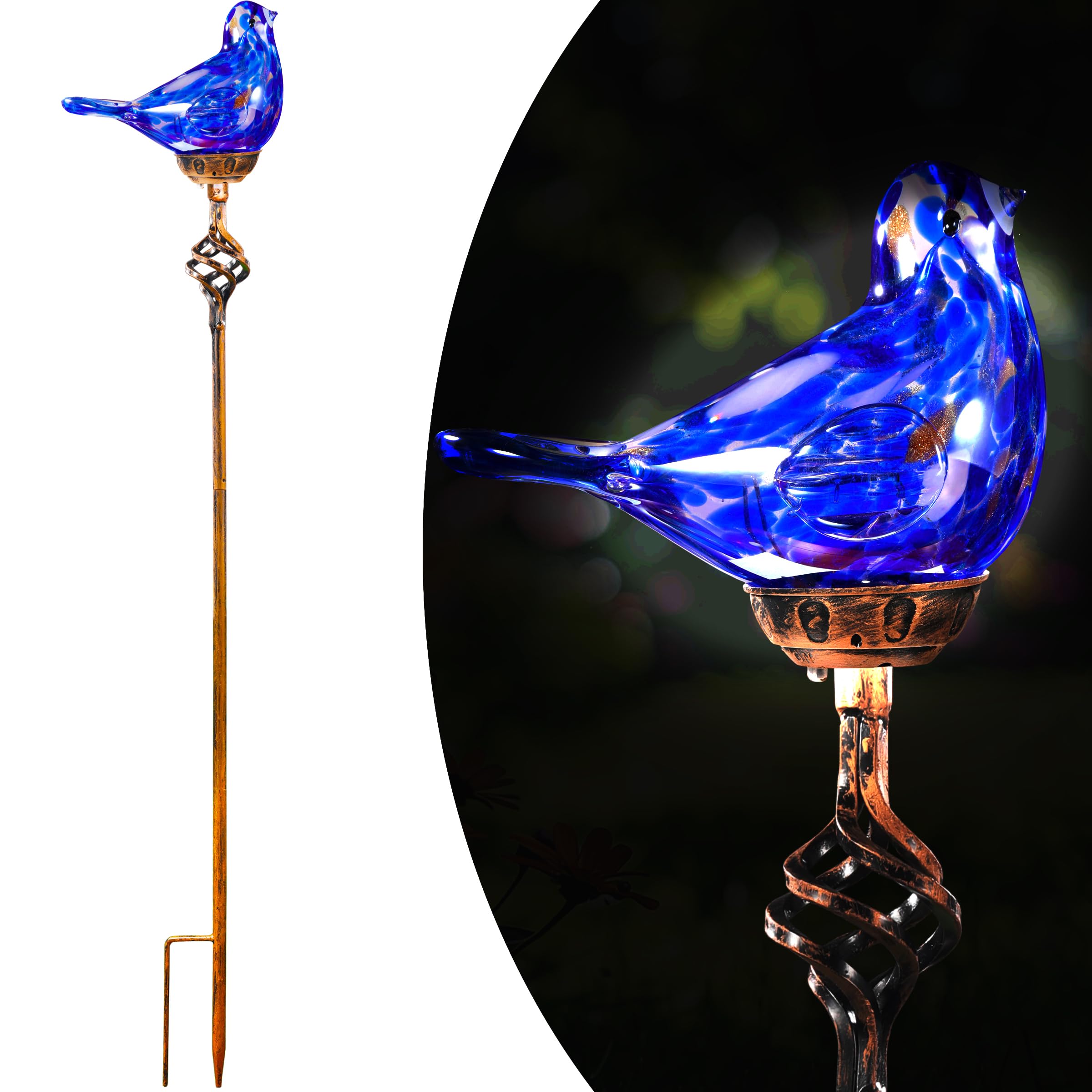 Naboher front view dark blue glass bird stake showing shape and color for decorative lighting