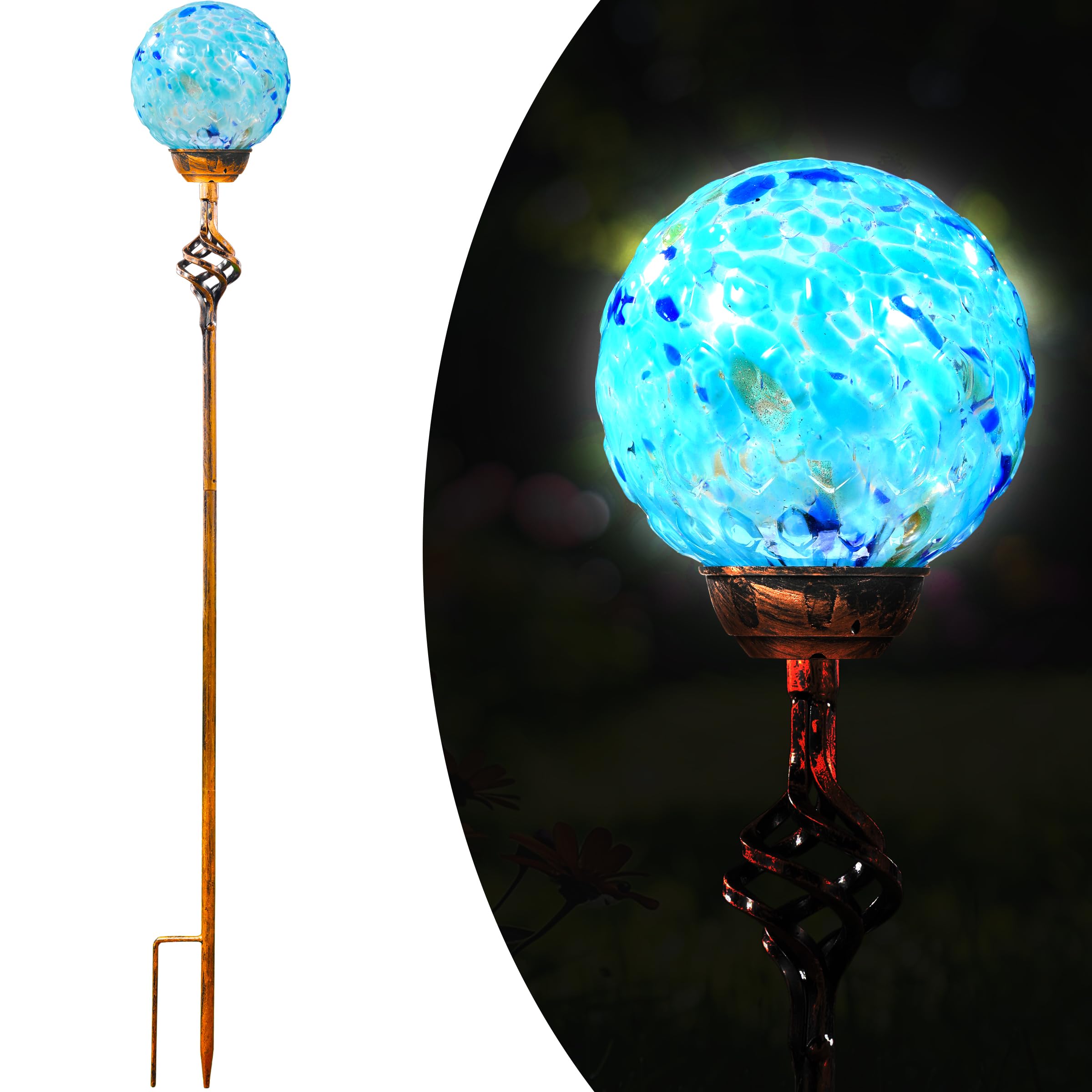 Naboher front view of four light blue glass stakes for elegant garden lighting