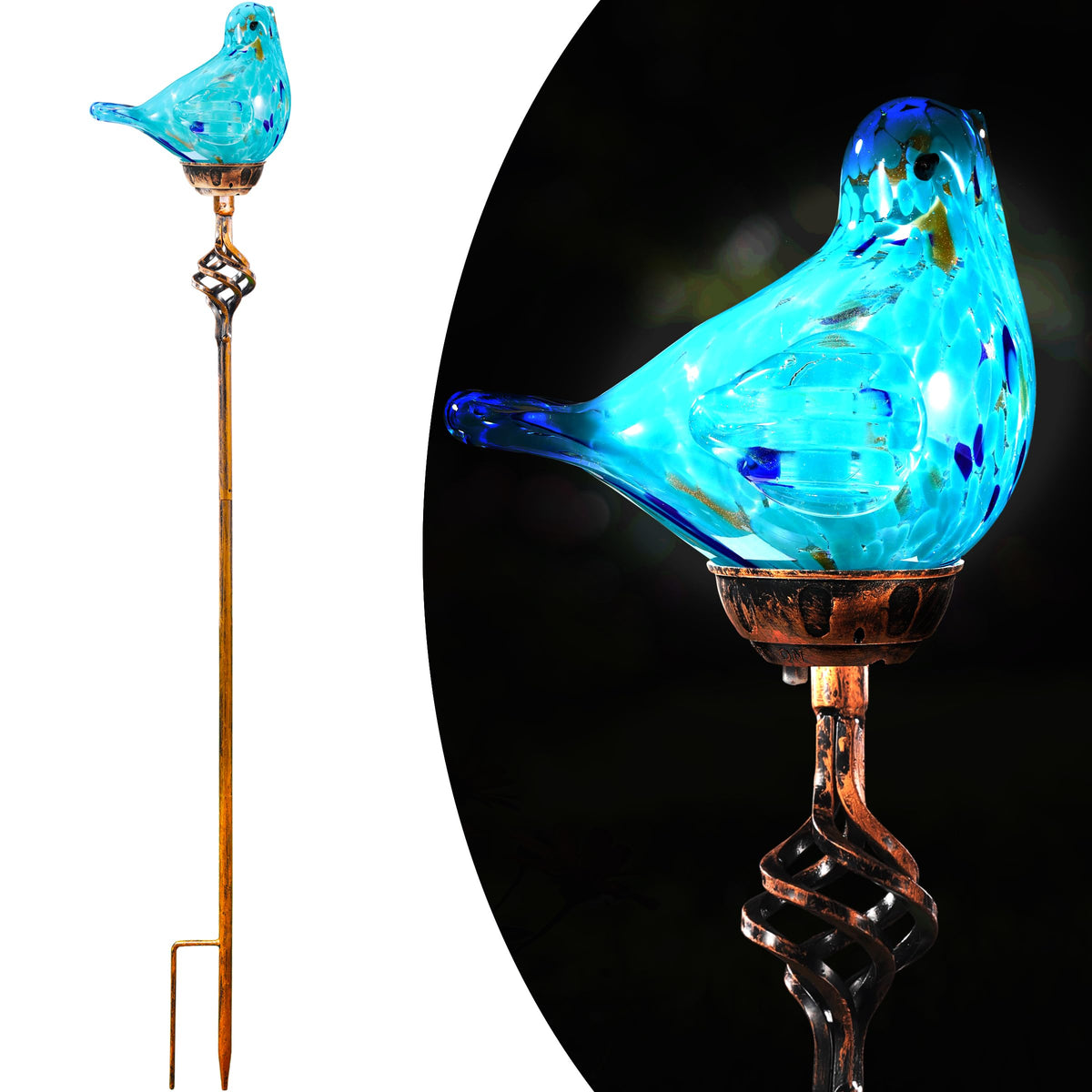 Naboher front view light blue bird stake showing decorative glow benefit
